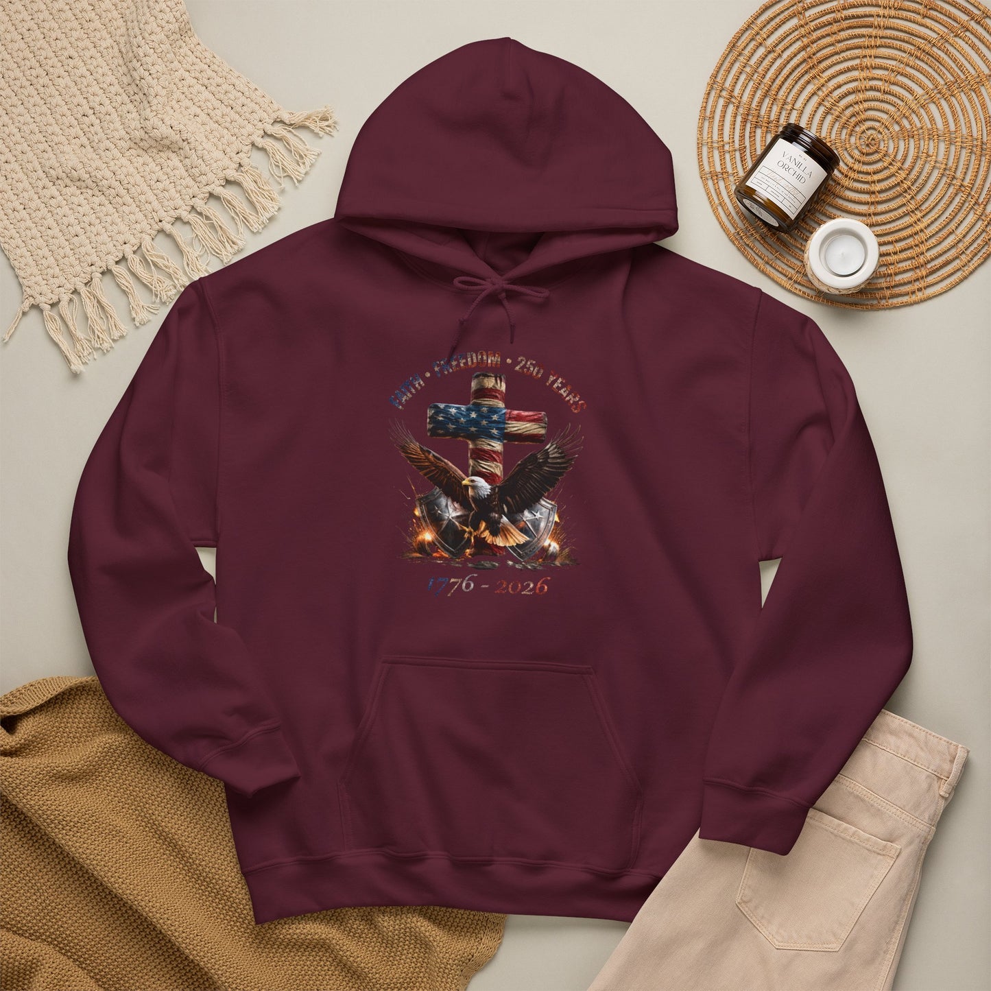 #250 Faith • Freedom 250 Years American Flag Cross & Eagle 1776-2026 Hoodie