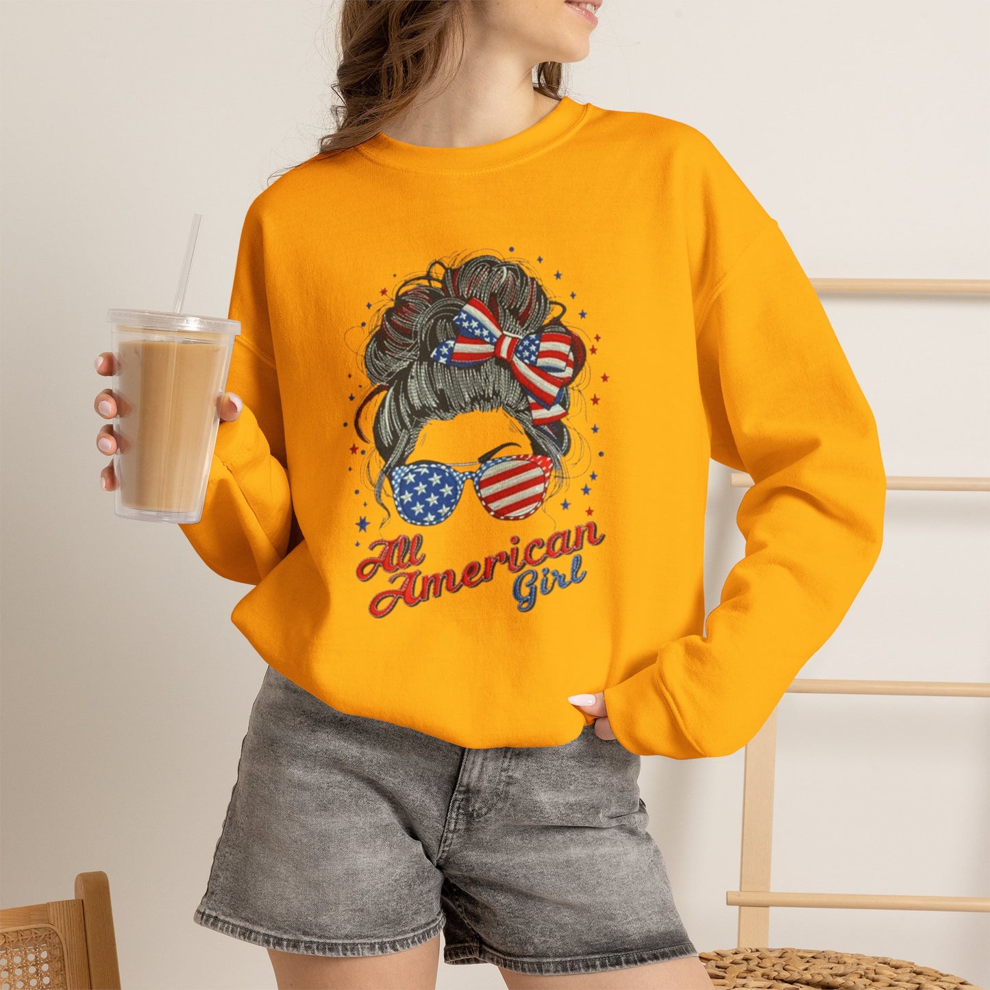 #250 "All American Girl" Patriotic Messy Bun Sweatshirt
