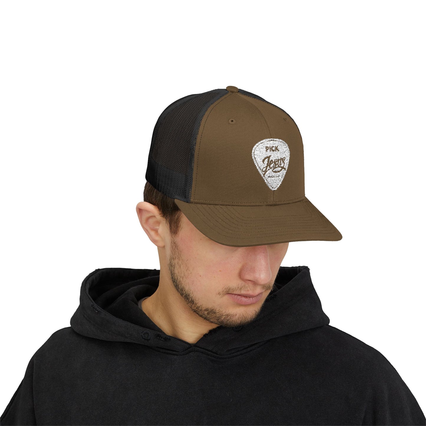 Pick Jesus Guitar Pick Snapback Trucker Cap Christian Guitar Pick Design (Romans 10:13)