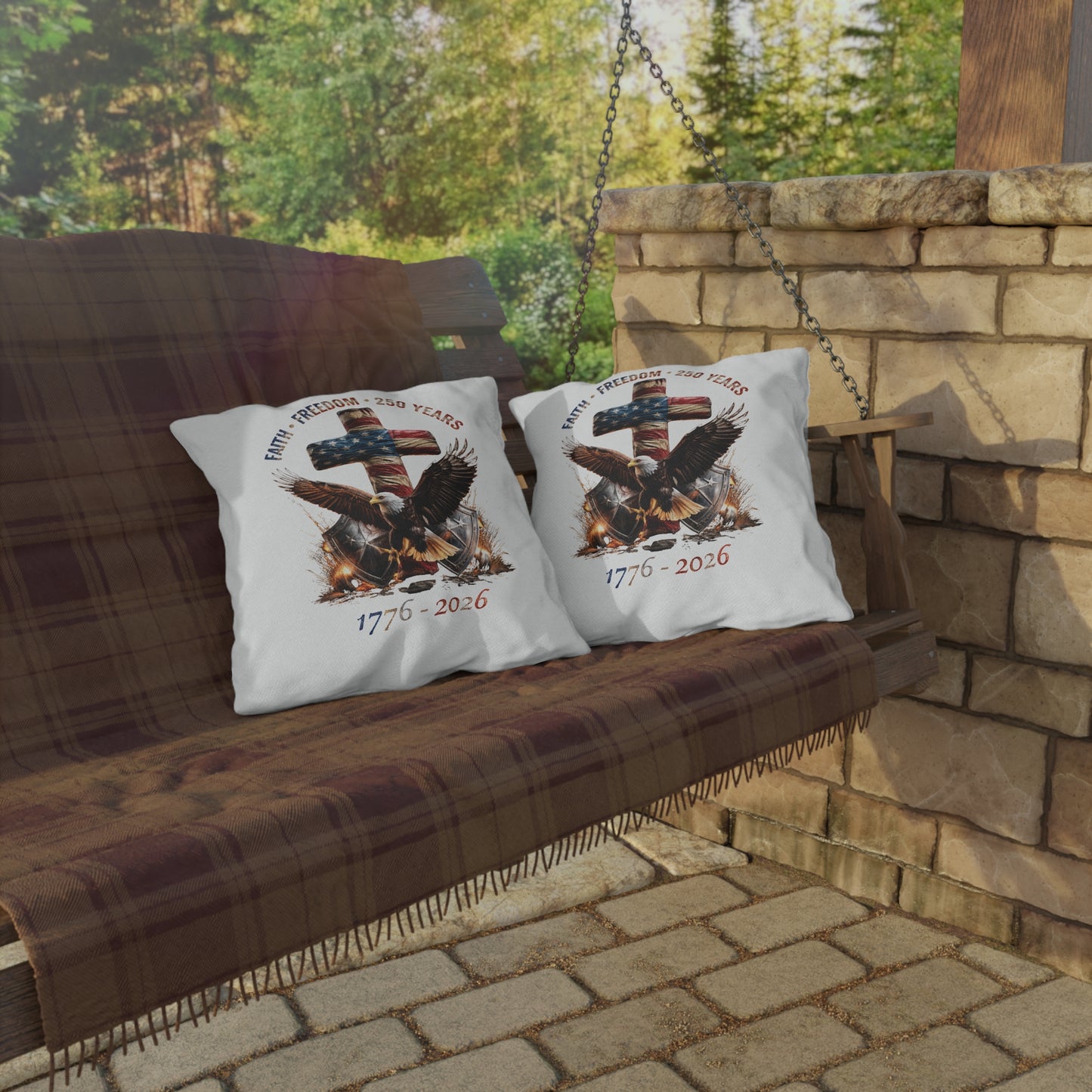 #250 Faith • Freedom 250 Years American Flag Cross & Eagle 1776-2026 Outdoor Throw Pillow