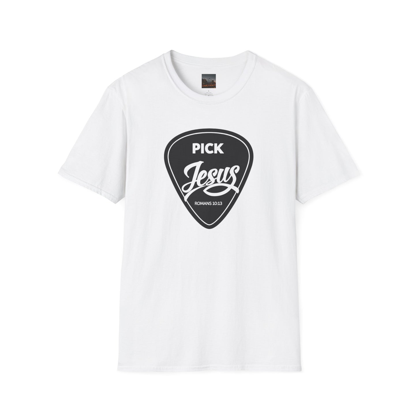 Pick Jesus T-Shirt — Christian Guitar Pick Design (Romans 10:13)