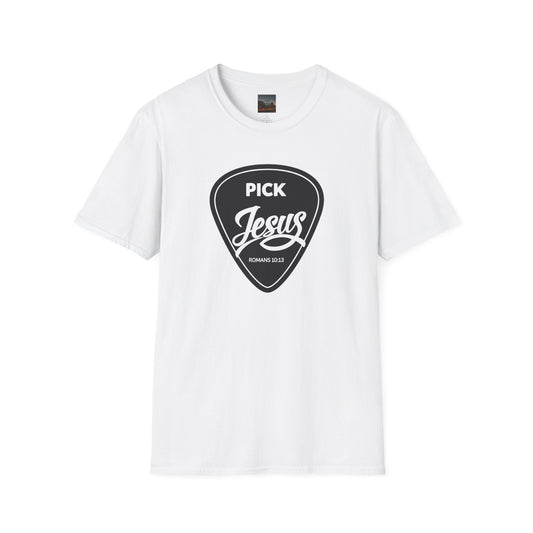 Pick Jesus T-Shirt — Christian Guitar Pick Design (Romans 10:13)