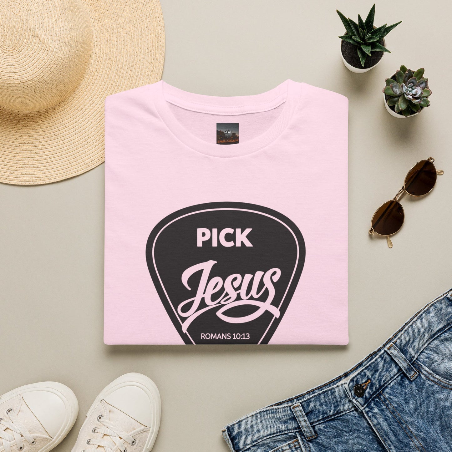 Pick Jesus T-Shirt — Christian Guitar Pick Design (Romans 10:13)