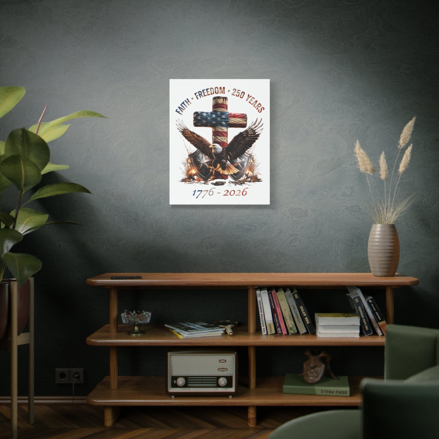 #250 Faith • Freedom 250 Years American Flag Cross & Eagle 1776-2026 Matte Canvas Wall Art