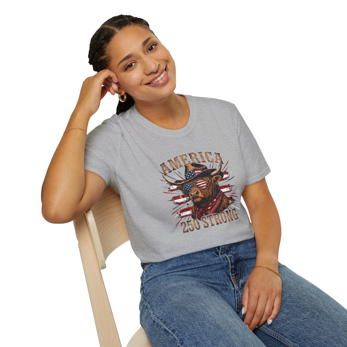 #250 America 250 Strong Patriotic Bull with American Flag T-Shirt