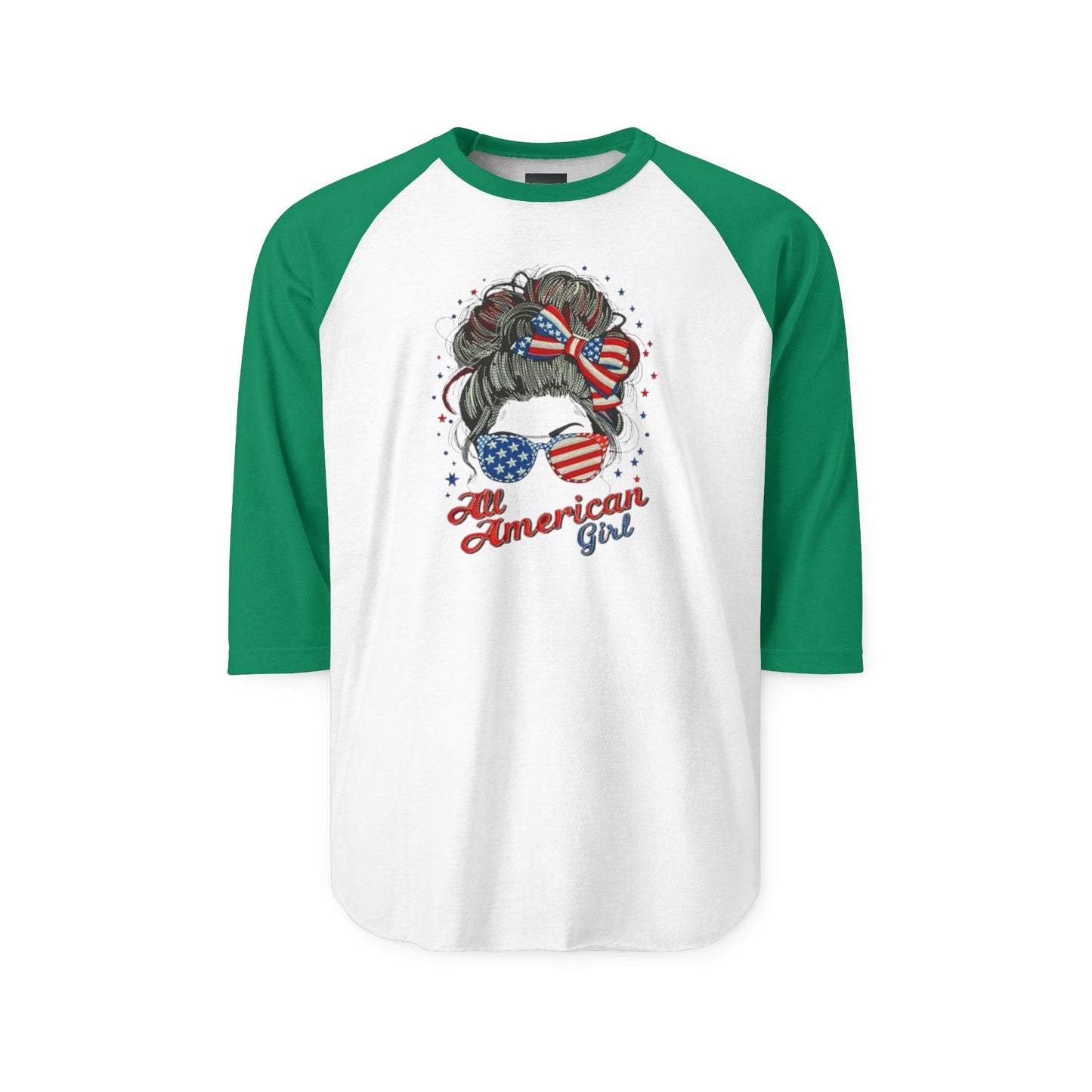 #250 "All American Girl" Patriotic Messy Bun Raglan 3/4 Sleeve Baseball Tee
