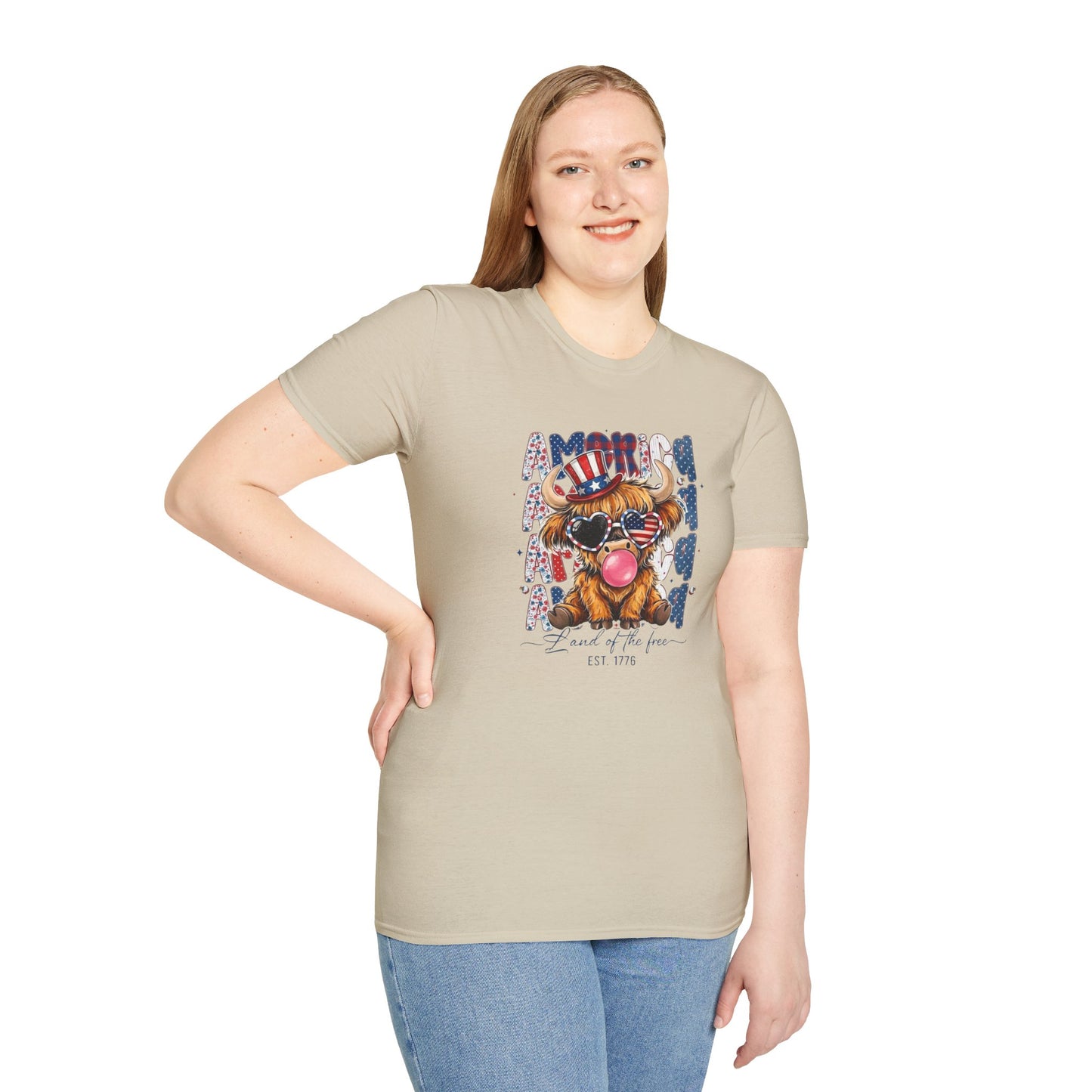 #250 American Flag Bubblegum Patriotic Highland Cow T-Shirt