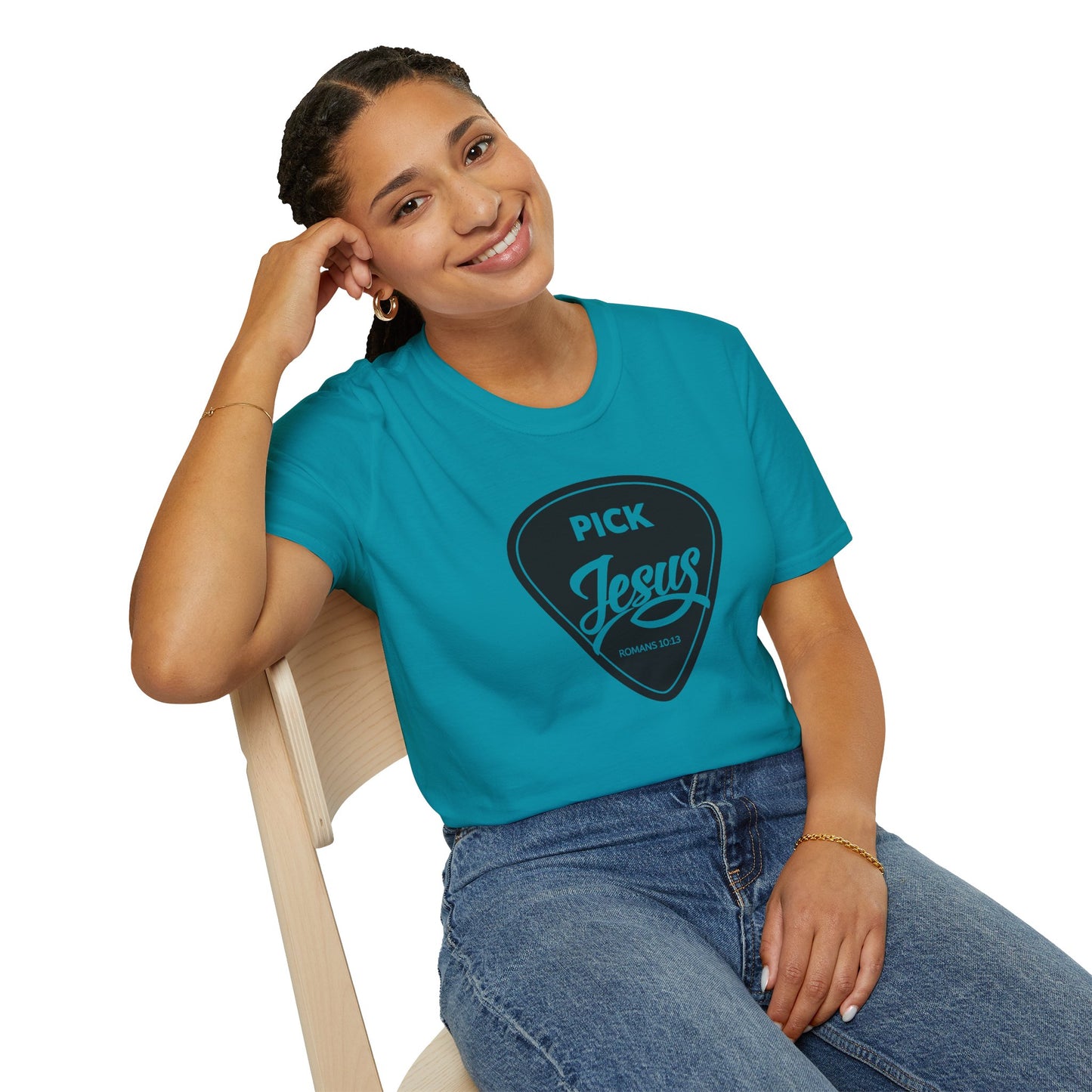 Pick Jesus T-Shirt — Christian Guitar Pick Design (Romans 10:13)