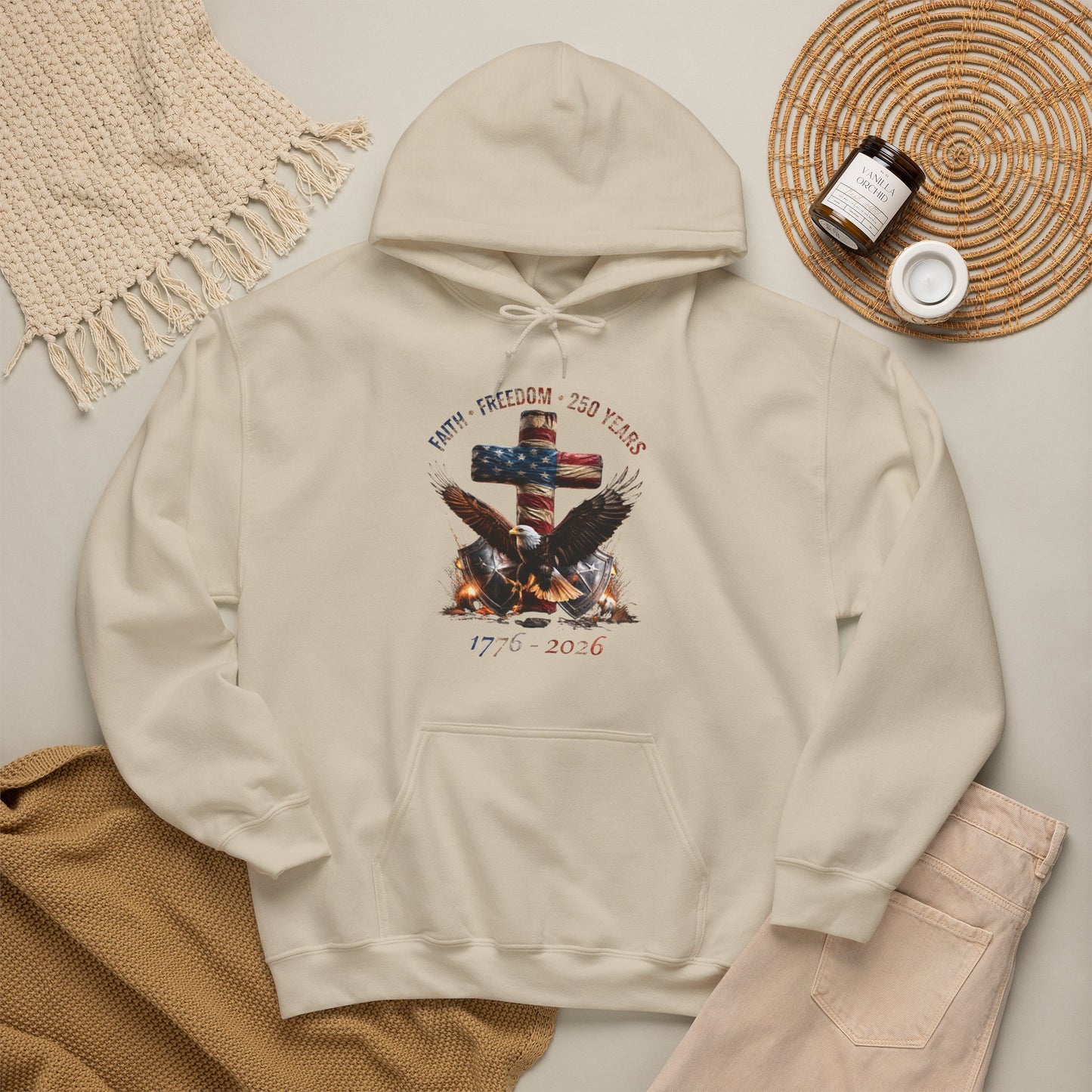 #250 Faith • Freedom 250 Years American Flag Cross & Eagle 1776-2026 Hoodie