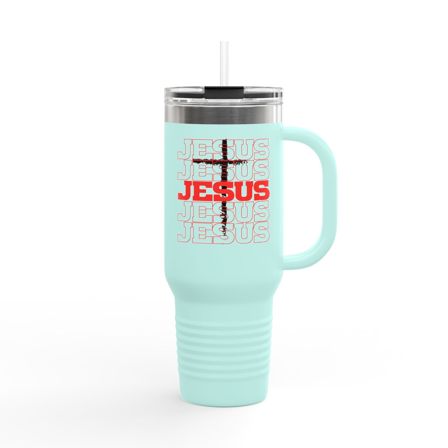 Jesus Cross Red Text Black Cross Graphic 40oz Insulated Travel Mug — Large Christian Tumbler with Straw