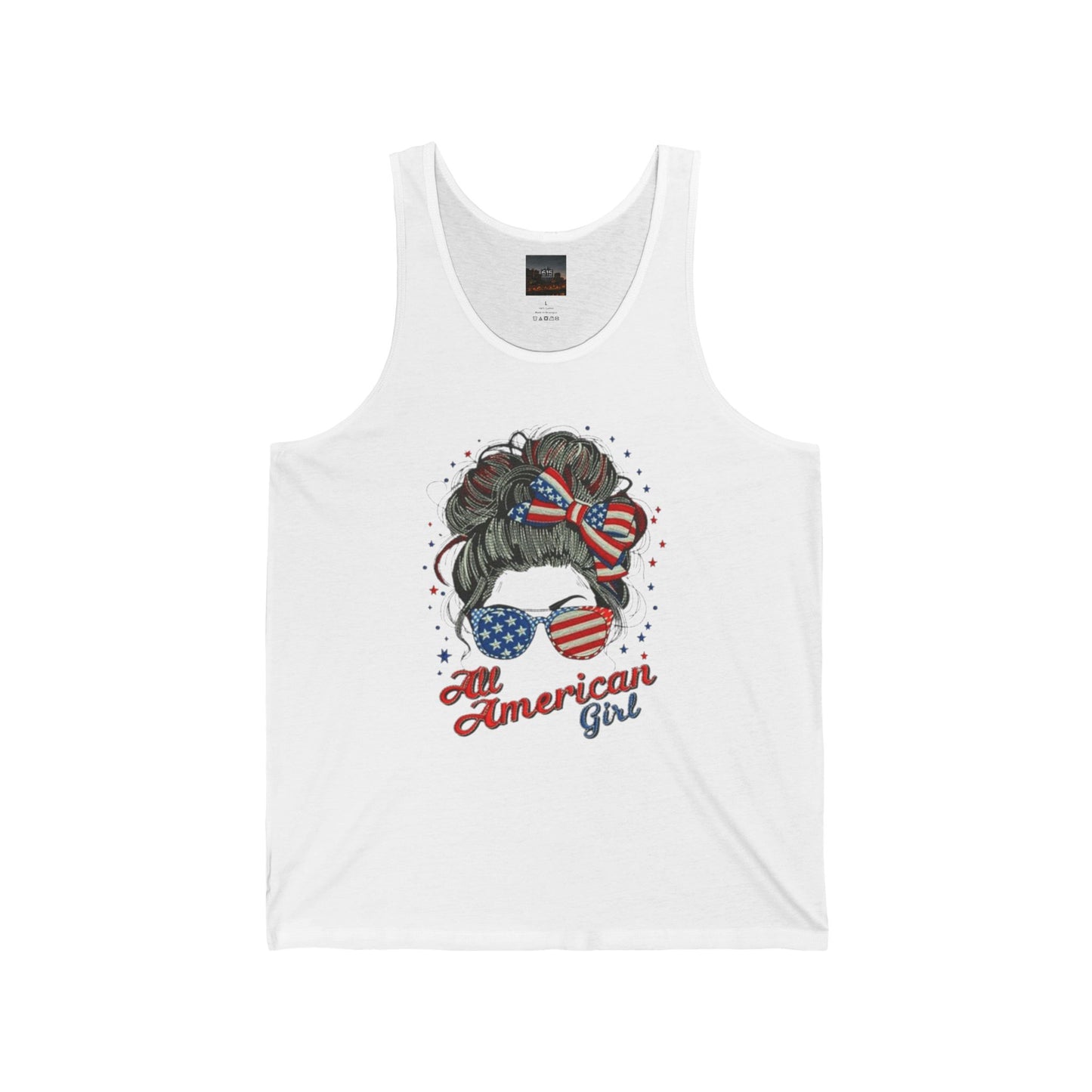 #250 "All American Girl" Patriotic Messy Bun Tank Top