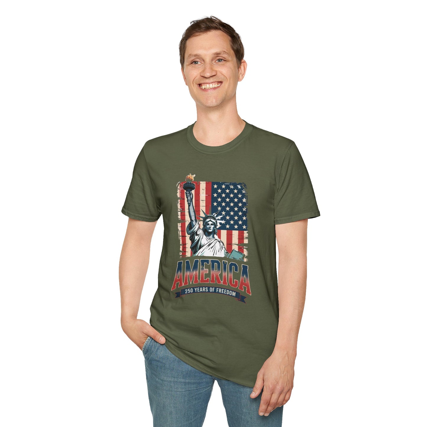 #250 Statue of Liberty American Flag 'America' Patriotic Independence Day T‑Shirt