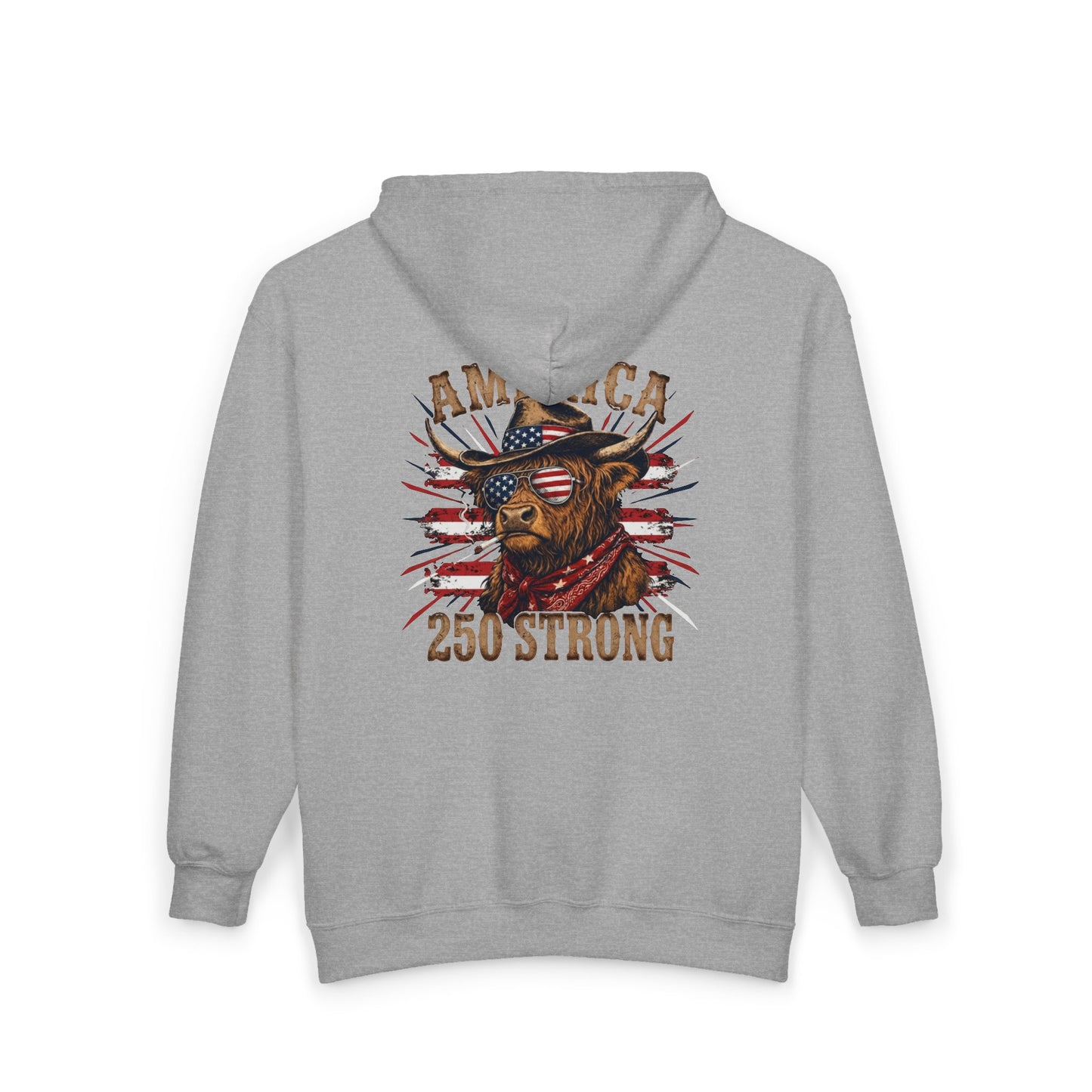 #250 America 250 Strong Patriotic Bull with American Flag Zip Hoodie