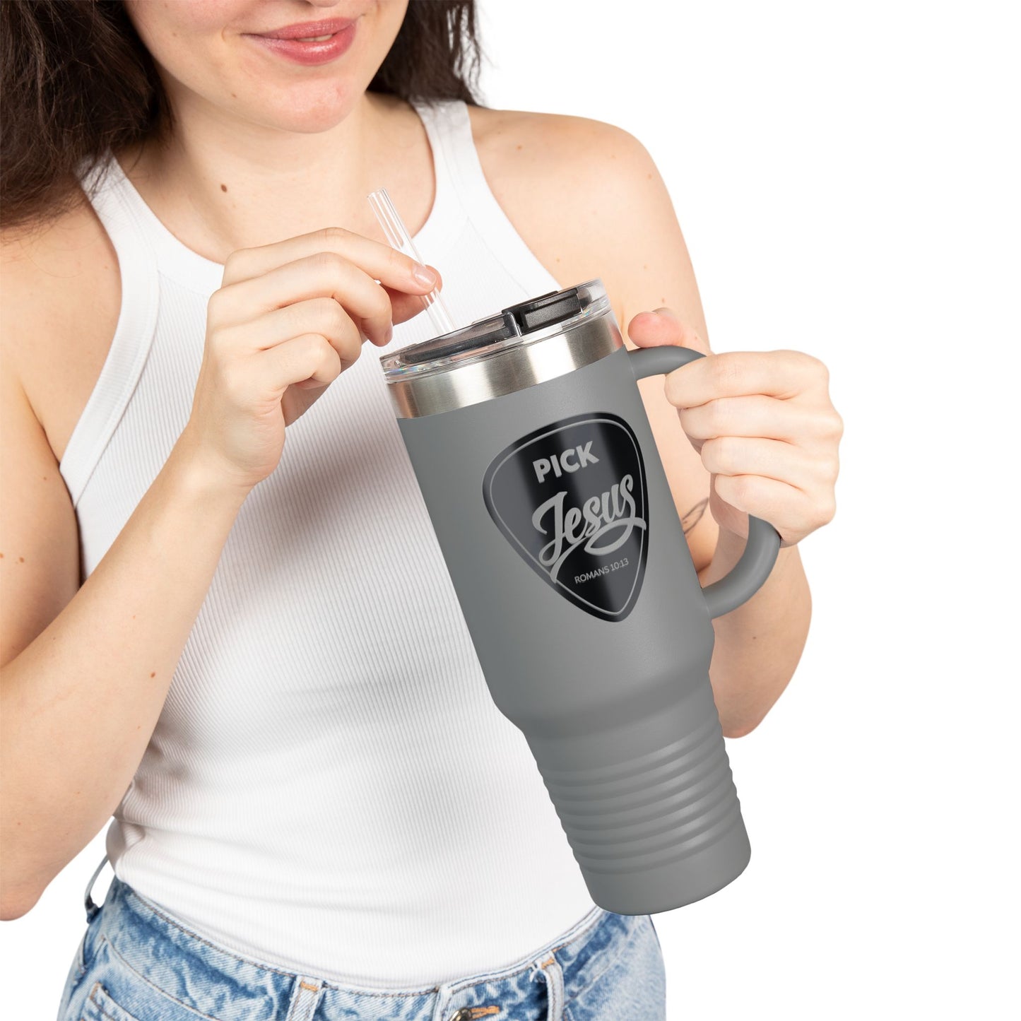 Pick Jesus Guitar Pick Insulated Travel Mug 40oz — Christian Design (Romans 10:13) Faith Travel Tumbler