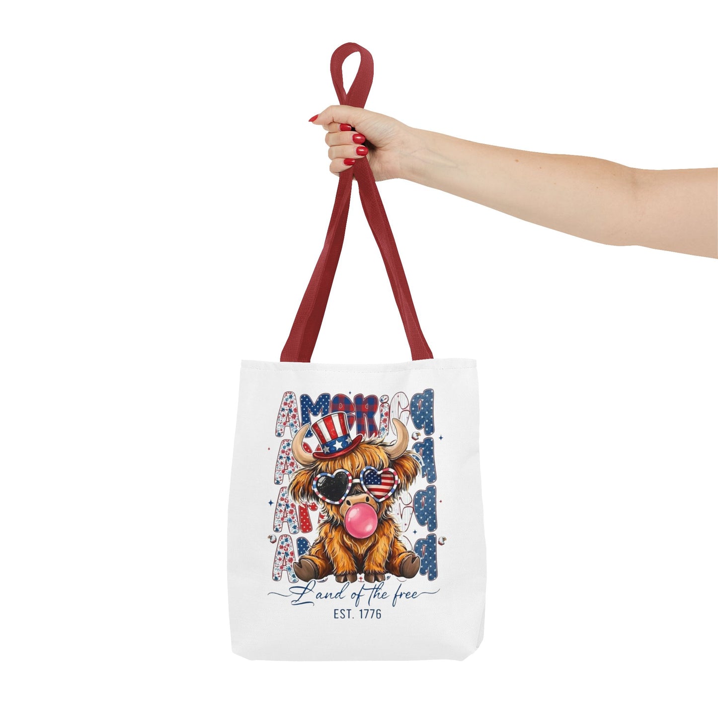 #250 American Flag Bubblegum Patriotic Highland Cow Tote Bag