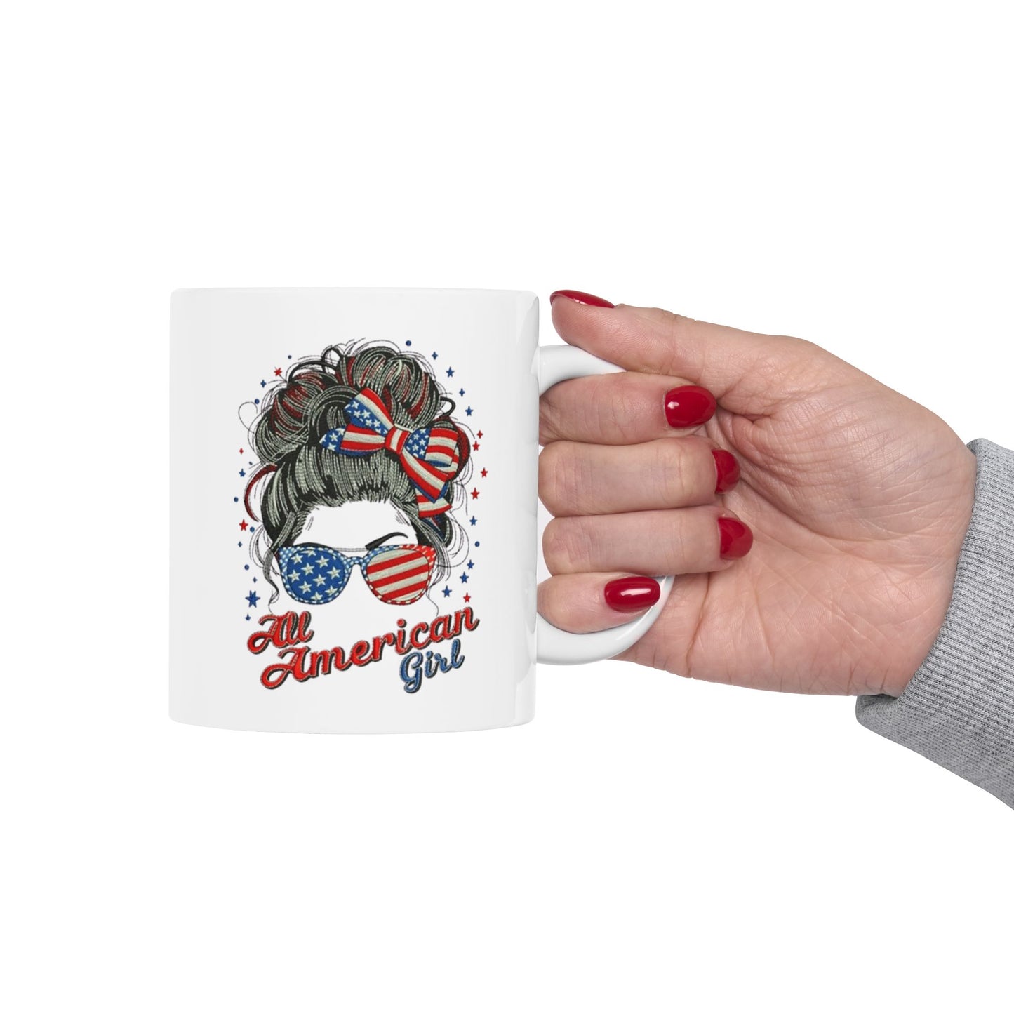 #250 "All American Girl" Patriotic Messy Bun Ceramic Mug - 11oz & 15oz