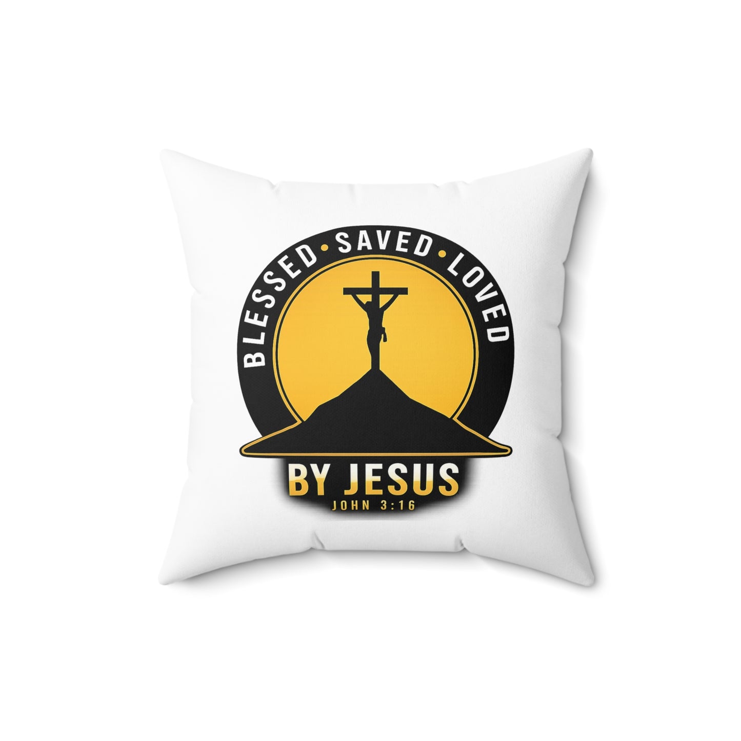 Blessed • Saved • Loved by Jesus Square Pillow — Christian Faith Decor (John 3:16)
