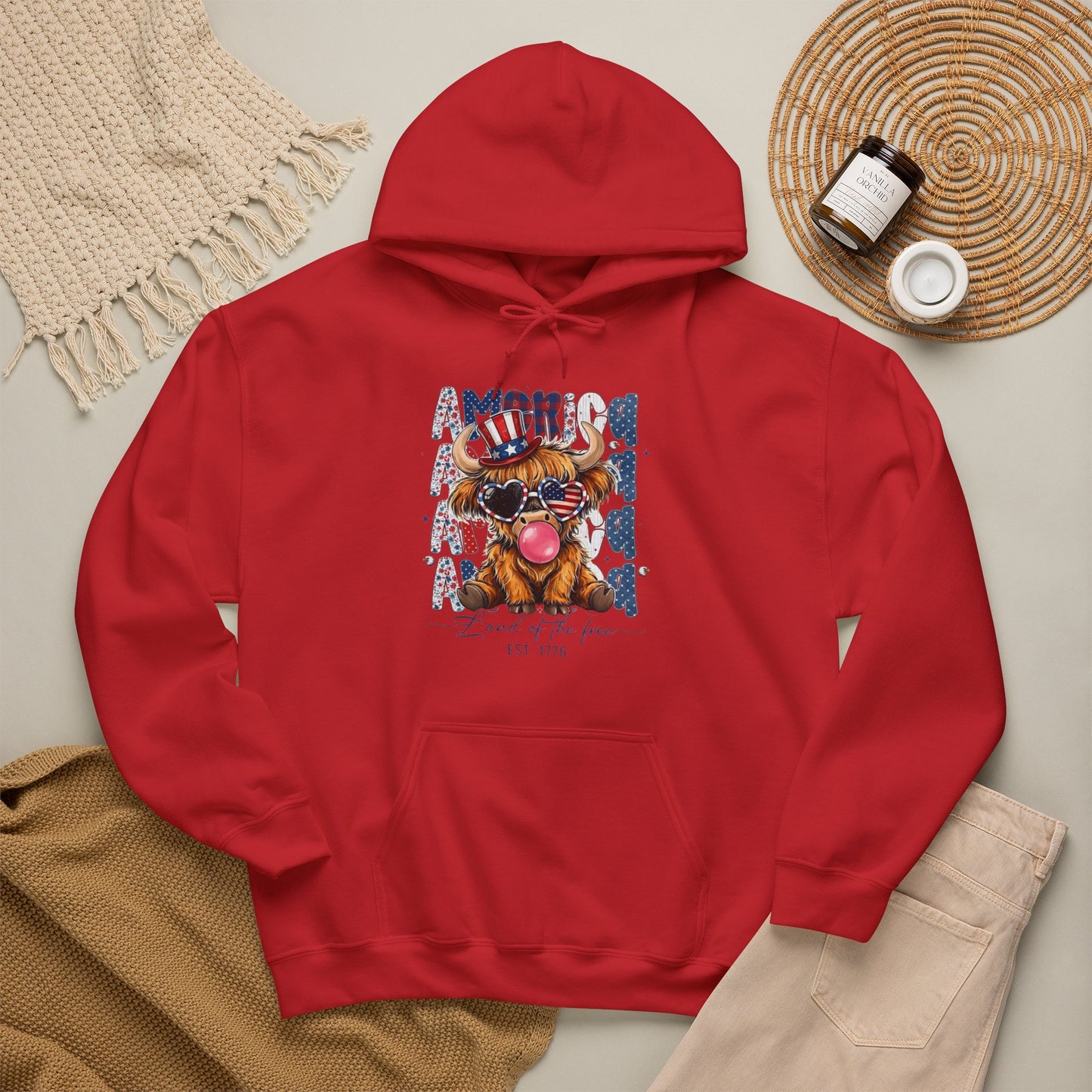 #250 American Flag Bubblegum Patriotic Highland Cow Hoodie