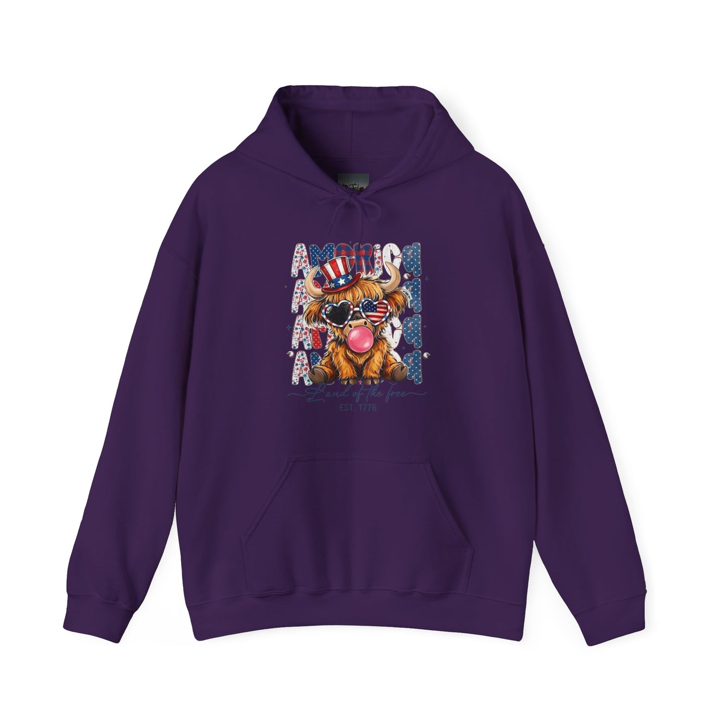 #250 American Flag Bubblegum Patriotic Highland Cow Hoodie