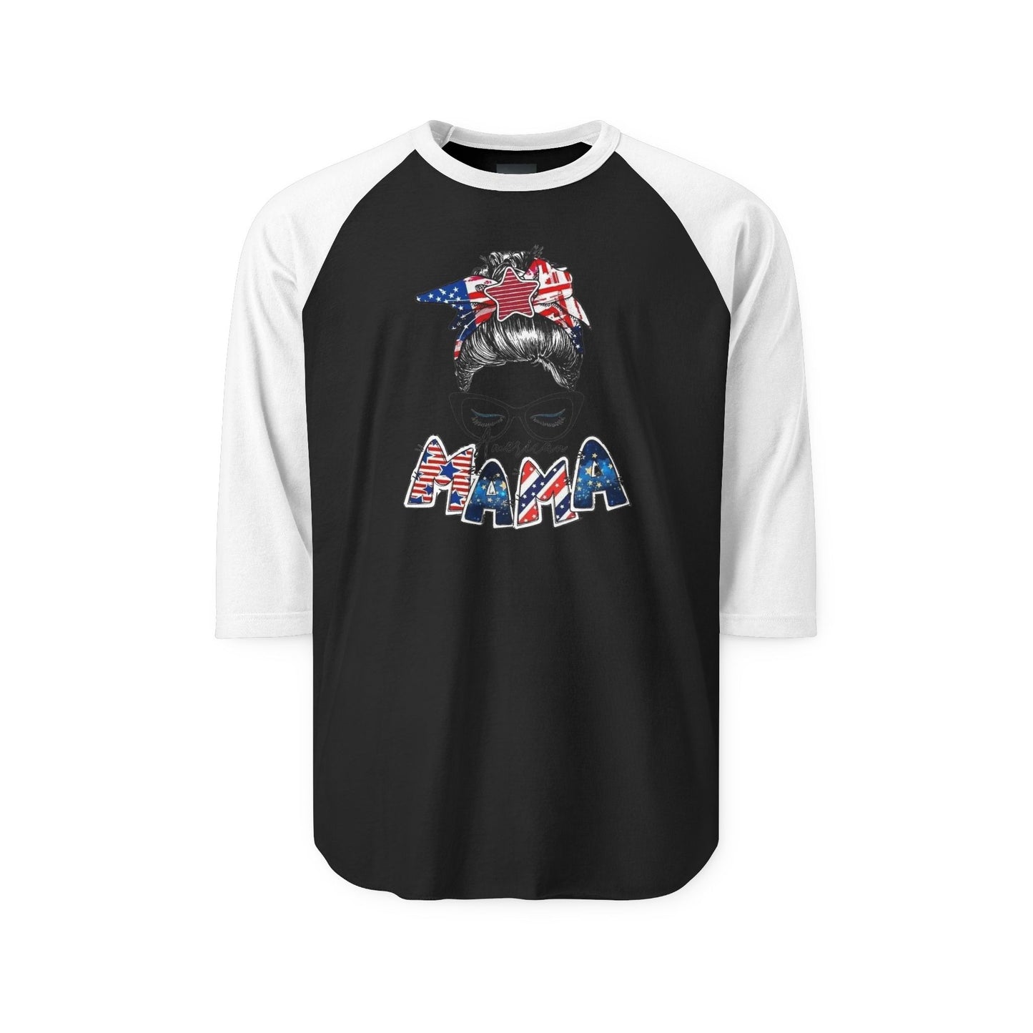 #250 Mama USA Flag Messy Bun Raglan 3/4 Sleeve Baseball Tee
