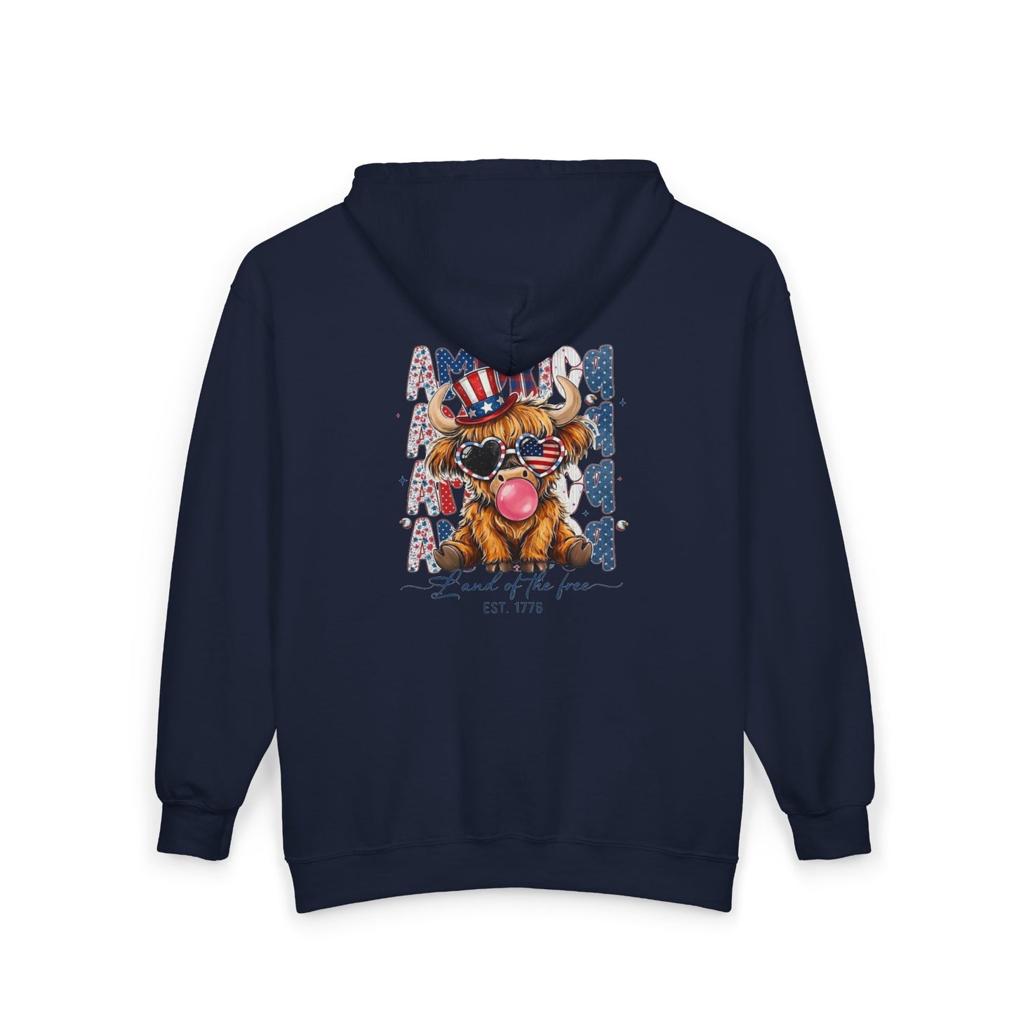 #250 American Flag Bubblegum Patriotic Highland Cow Zip Hoodie