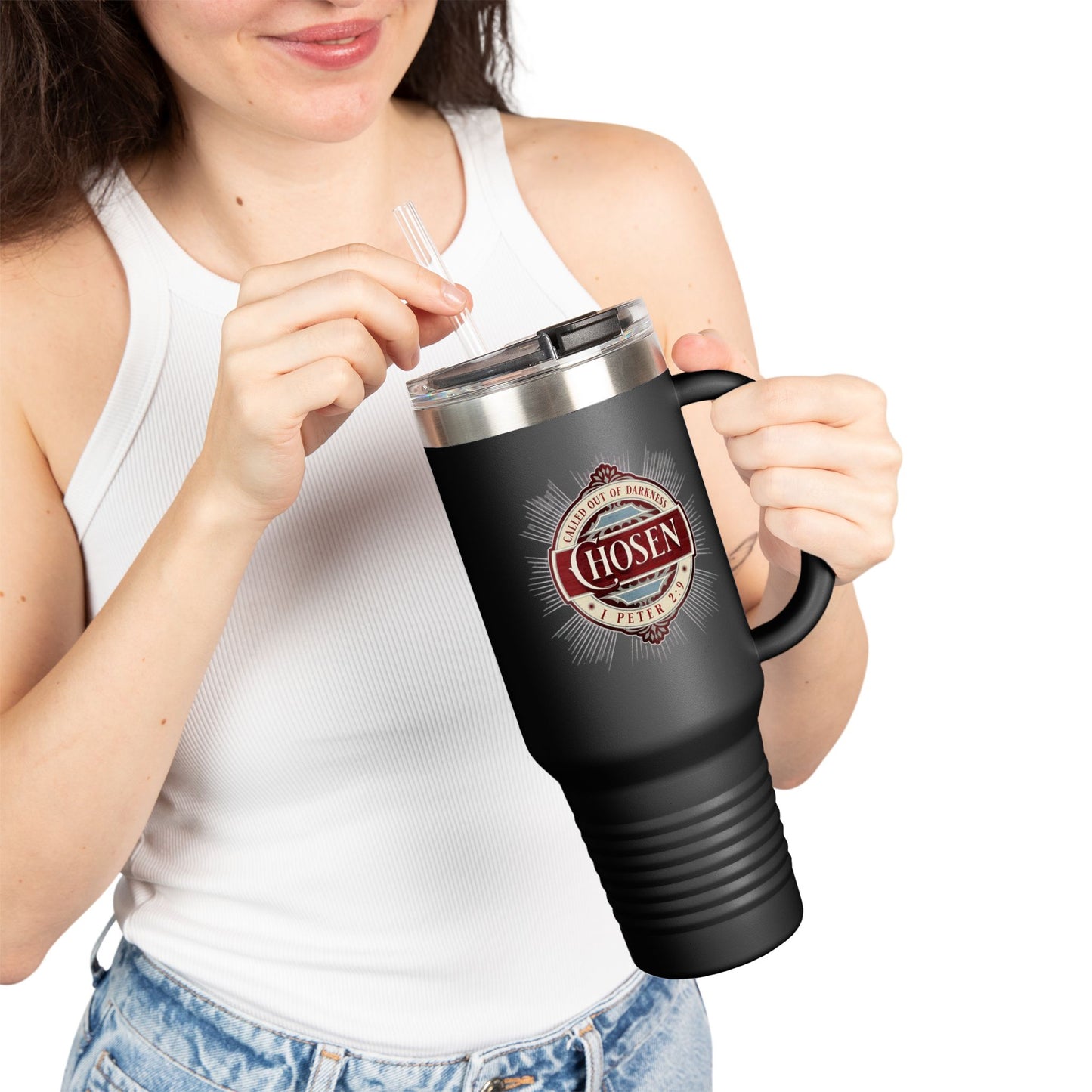 Chosen 40oz Insulated Travel Mug – "Called Out of Darkness" Faith Tumbler with Handle, Vacuum-Sealed