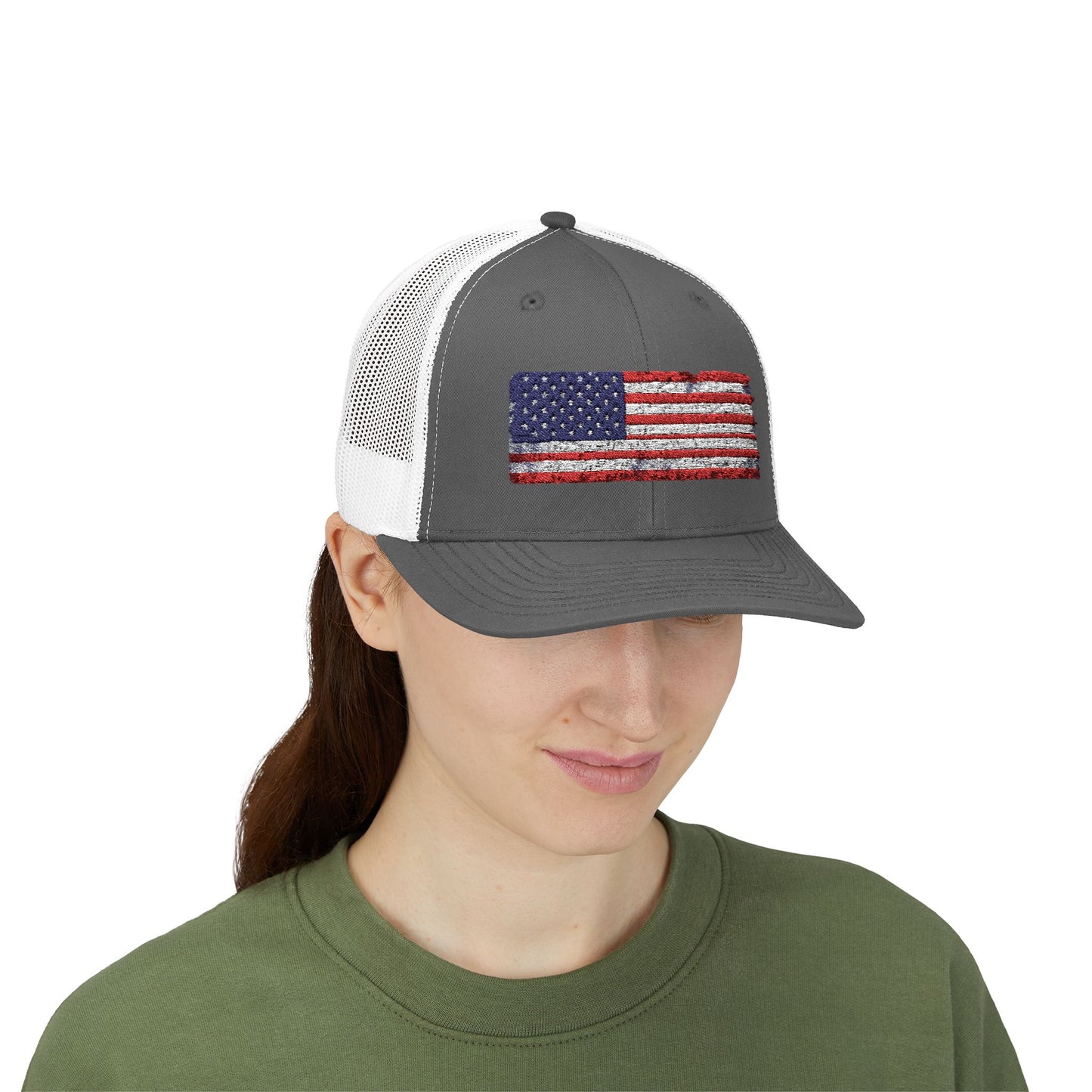 #250 Distressed American Flag Snapback Trucker Cap