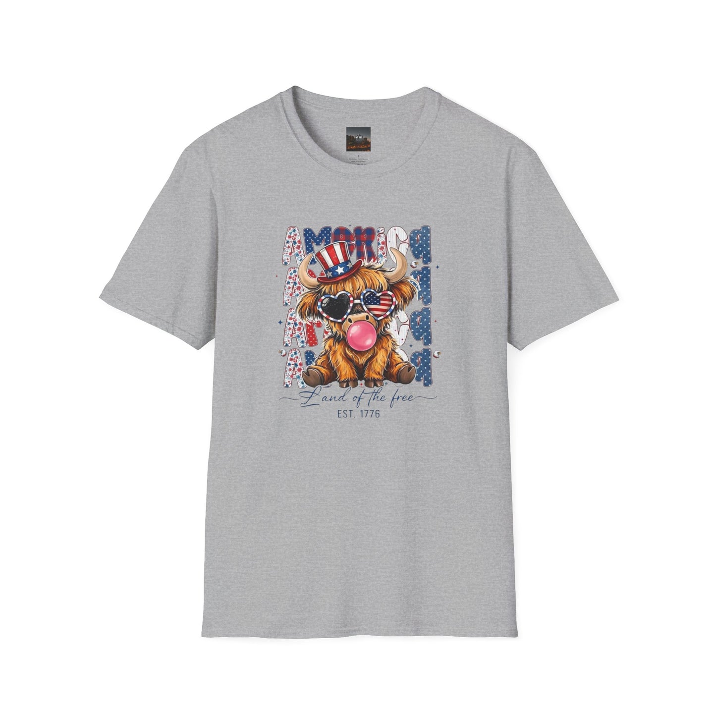 #250 American Flag Bubblegum Patriotic Highland Cow T-Shirt