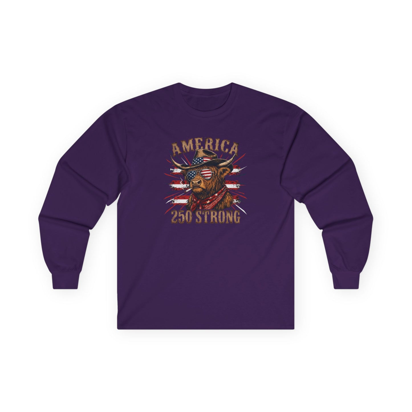 #250 America 250 Strong Patriotic Bull with American Flag Long Sleeve Tee