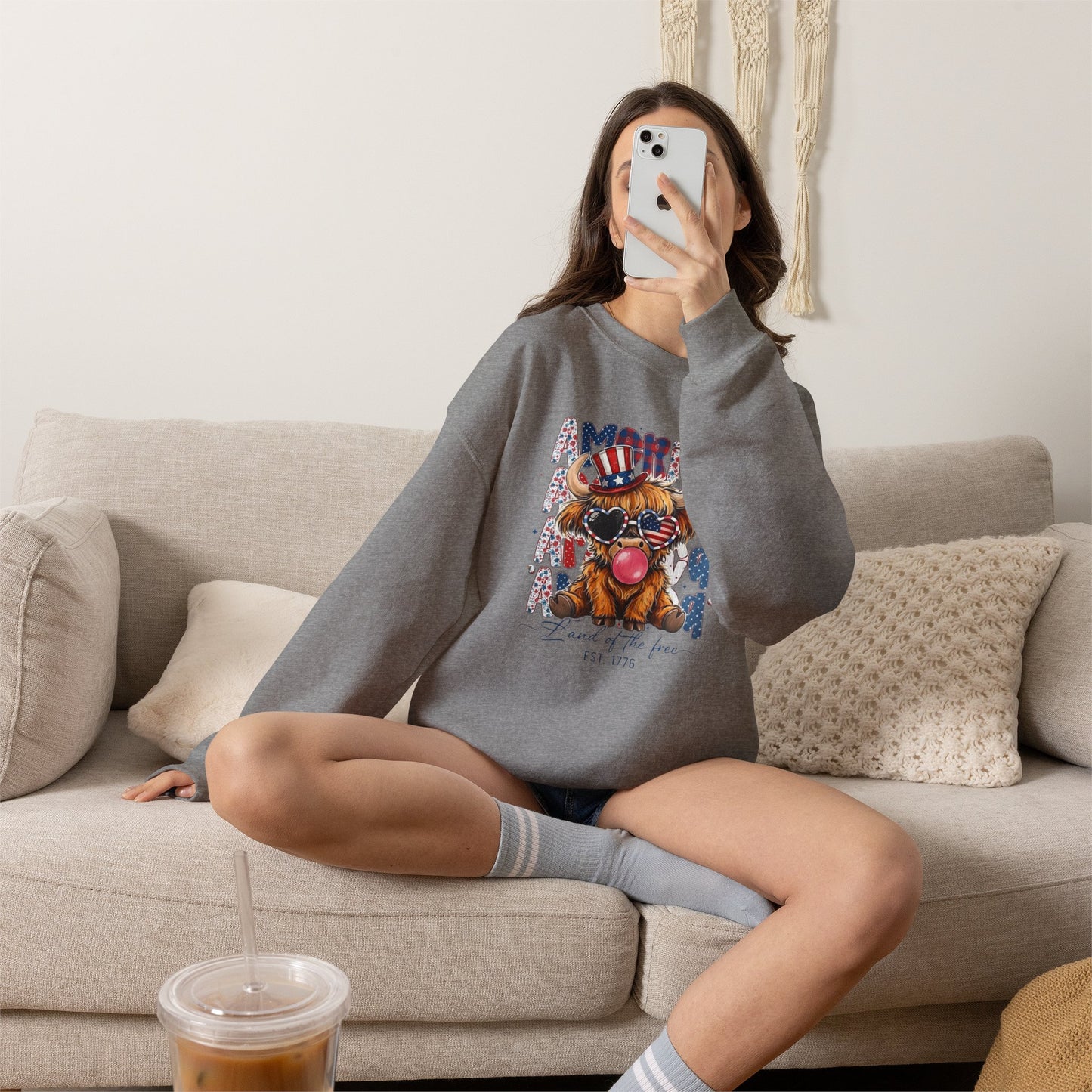 #250 American Flag Bubblegum Patriotic Highland Cow Sweatshirt