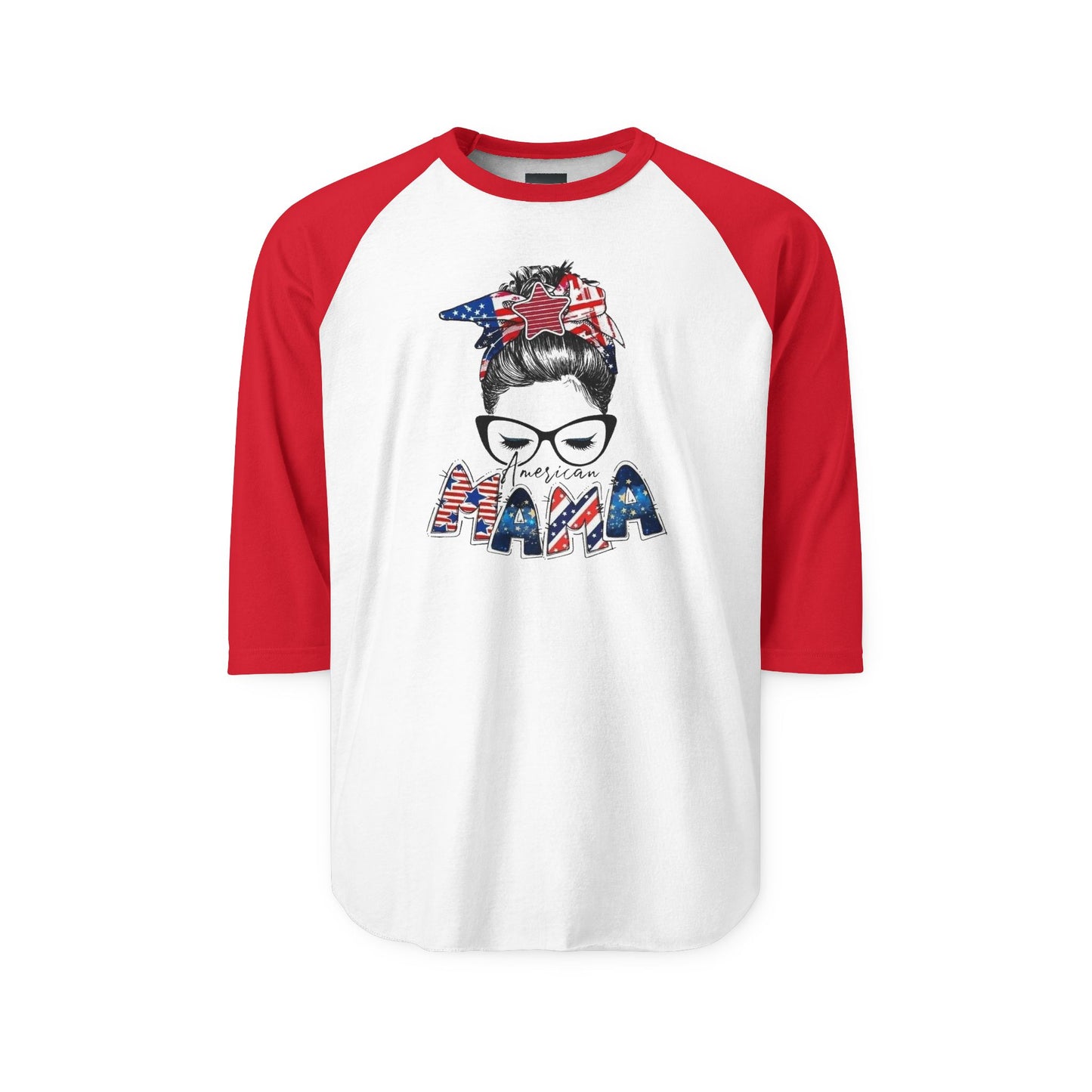 #250 Mama USA Flag Messy Bun Raglan 3/4 Sleeve Baseball Tee