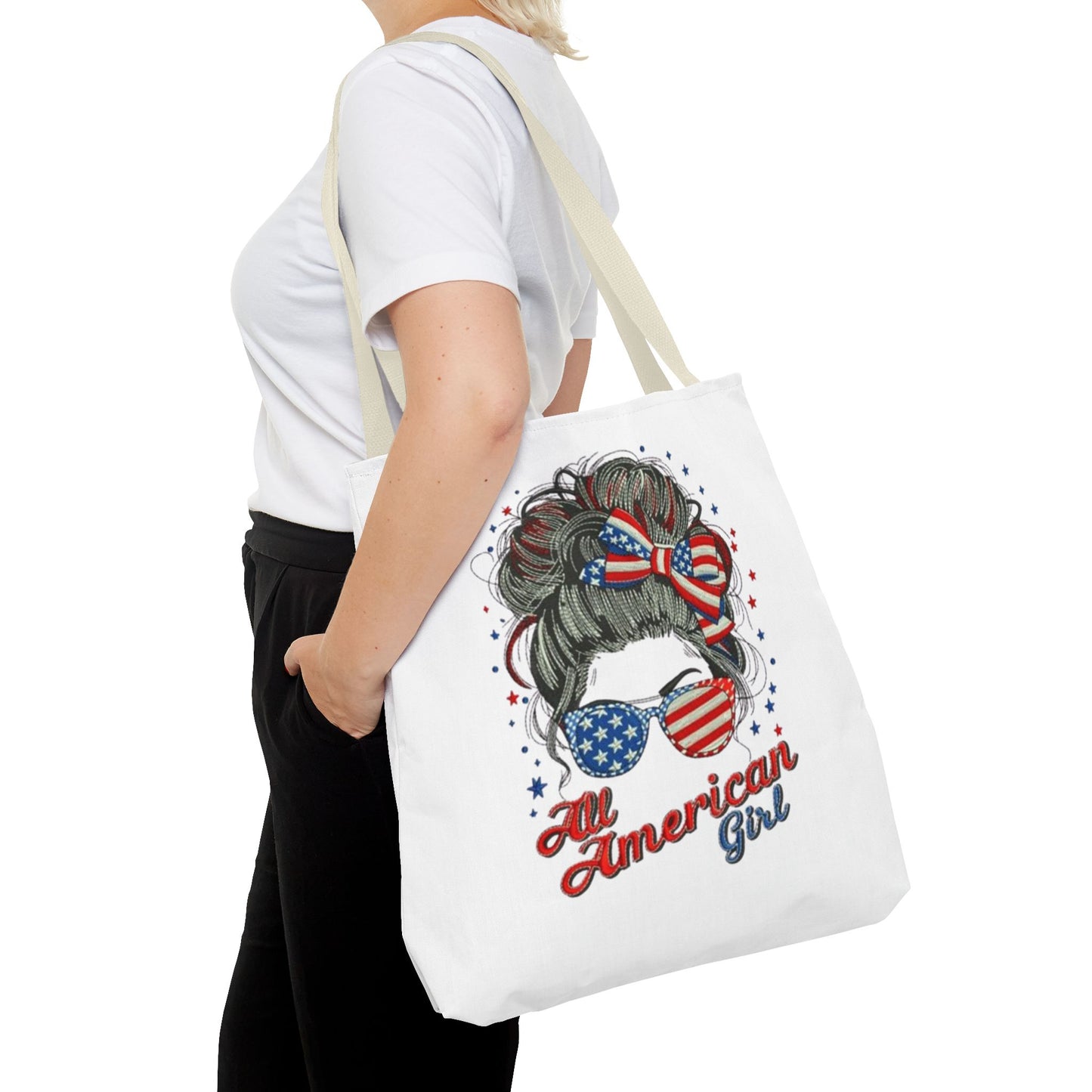 #250 "All American Girl" Patriotic Messy Bun Tote Bag