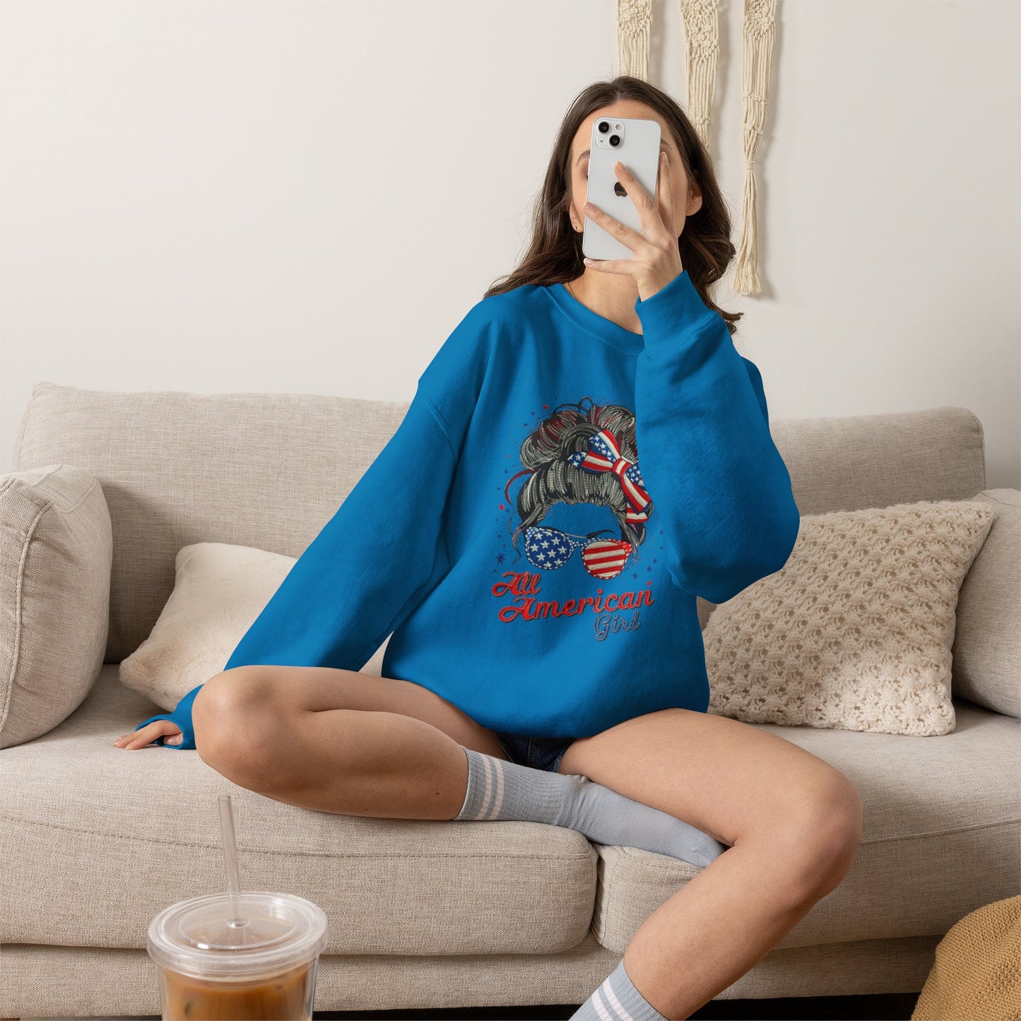 #250 "All American Girl" Patriotic Messy Bun Sweatshirt