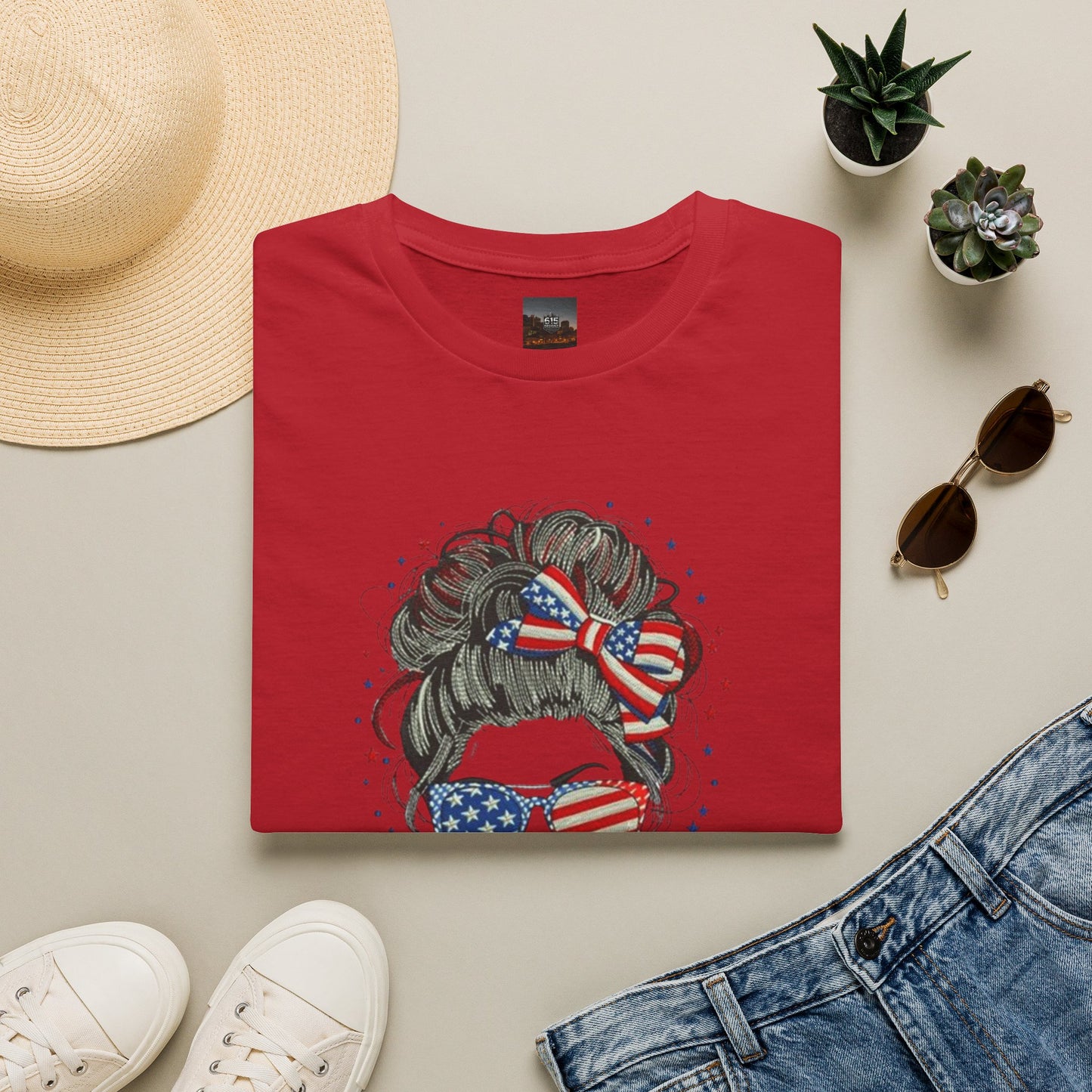 #250 "All American Girl" Patriotic Messy Bun T-Shirt