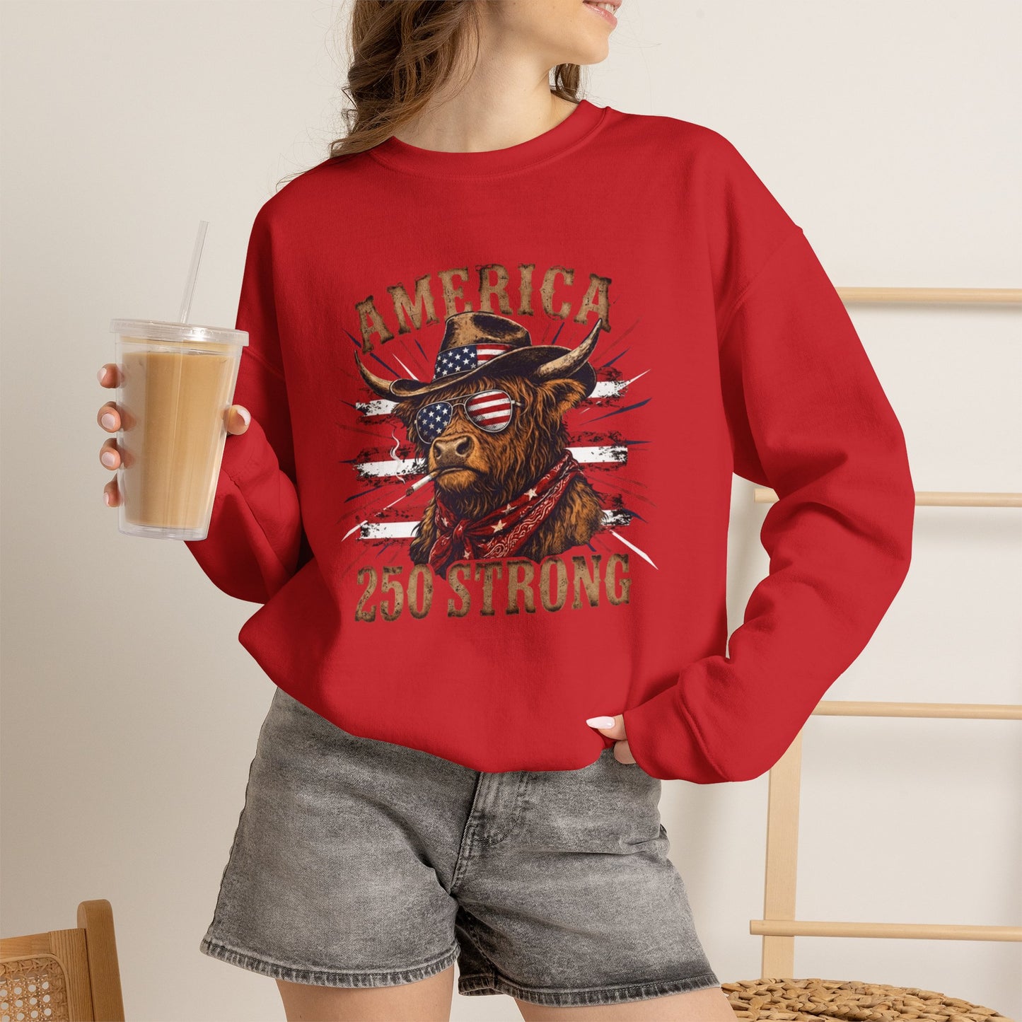 #250 America 250 Strong Patriotic Bull with American Flag Sweatshirt