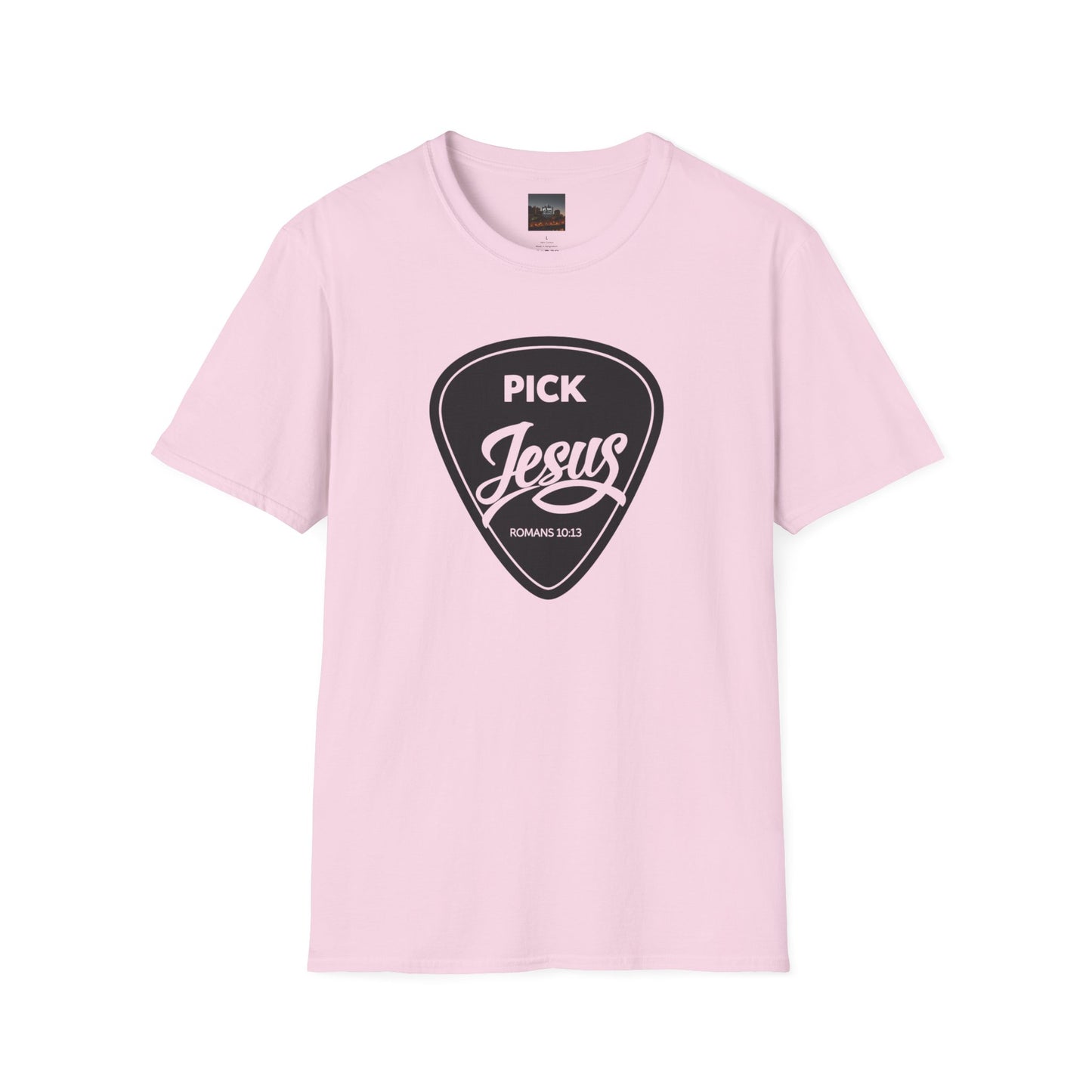 Pick Jesus T-Shirt — Christian Guitar Pick Design (Romans 10:13)