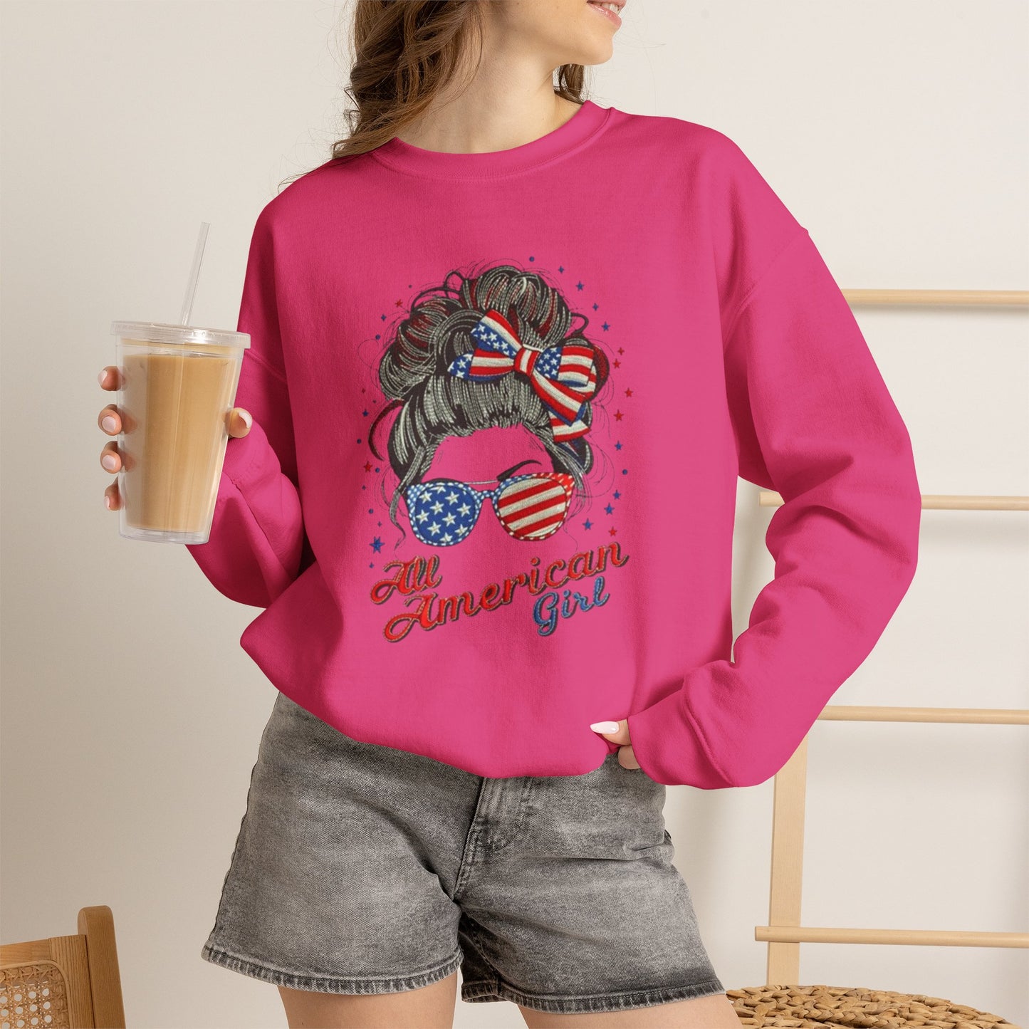 #250 "All American Girl" Patriotic Messy Bun Sweatshirt