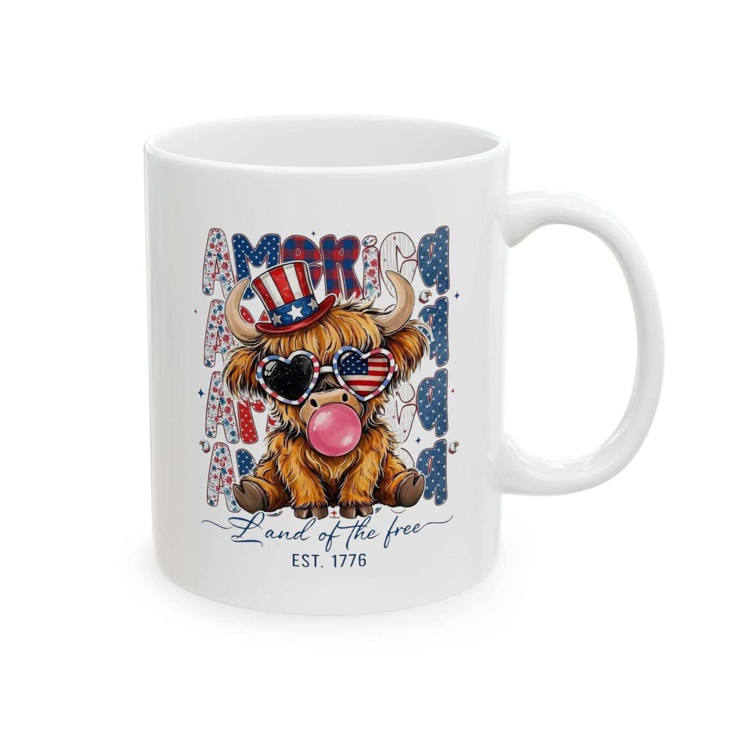 #250 American Flag Bubblegum Patriotic Highland Cow Ceramic Mug - 11oz & 15oz