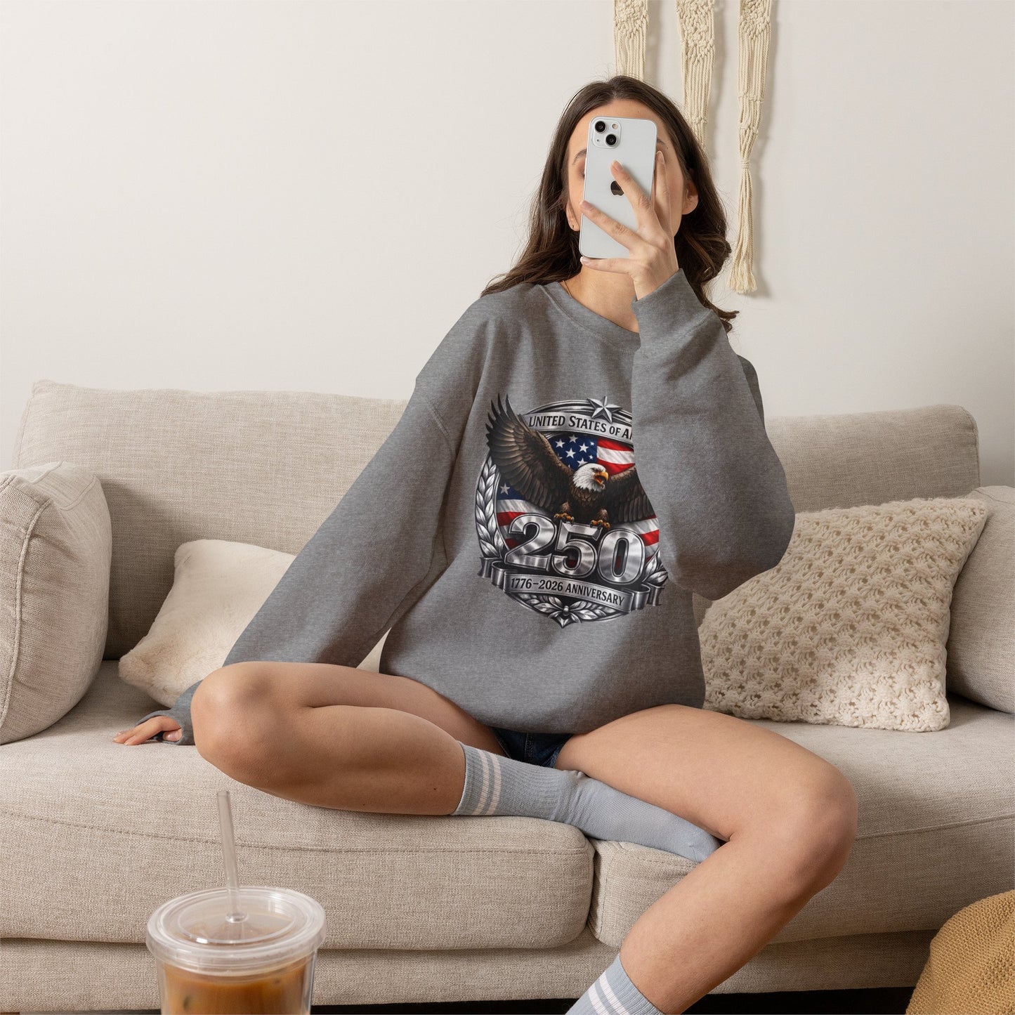 #250 Patriotic Bald Eagle 250 United States Emblem Crewneck Sweatshirt
