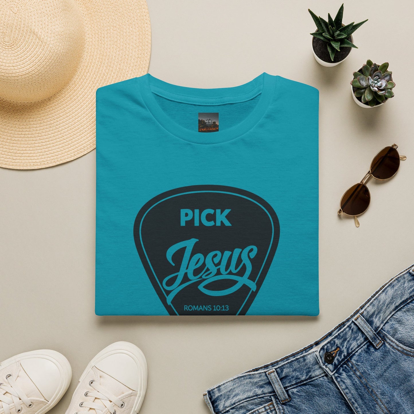 Pick Jesus T-Shirt — Christian Guitar Pick Design (Romans 10:13)