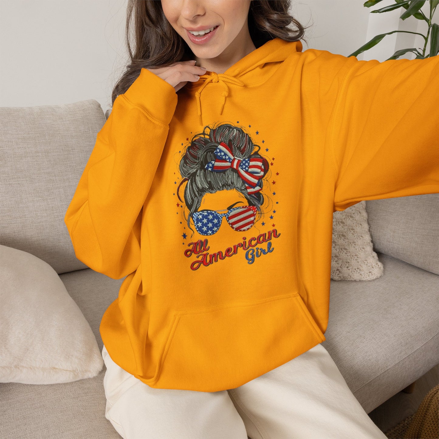 #250 "All American Girl" Patriotic Messy Bun Hoodie