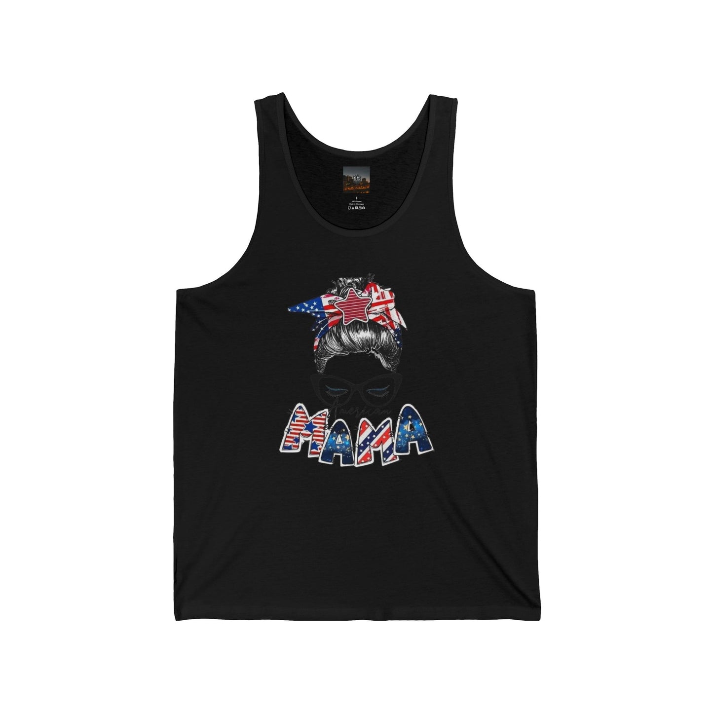 #250 Mama USA Flag Messy Bun Tank Top