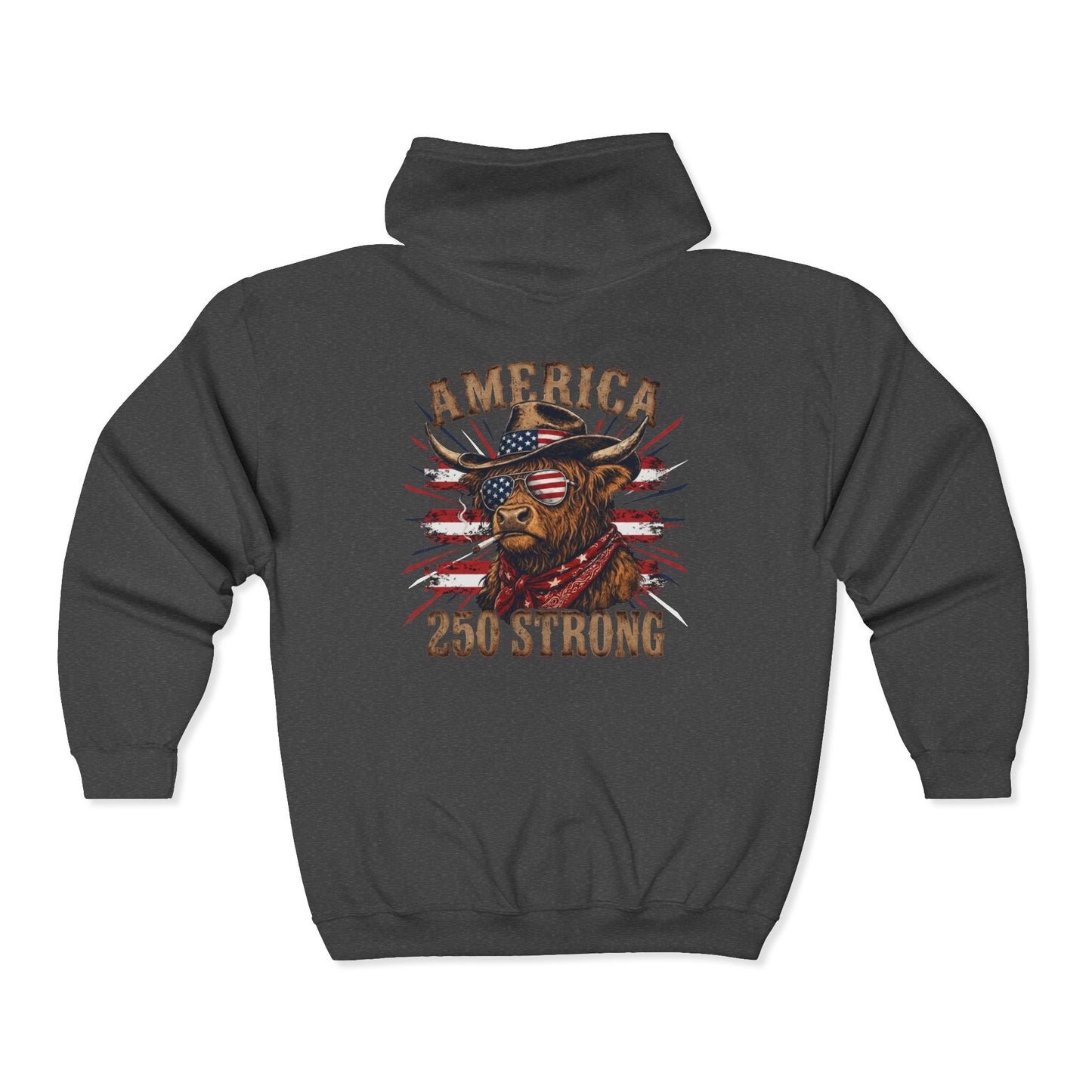#250 America 250 Strong Patriotic Bull with American Flag Zip Hoodie