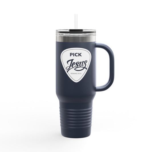 Pick Jesus Guitar Pick 40oz Christian Guitar Pick Design (Romans 10:13) Insulated Travel Mug