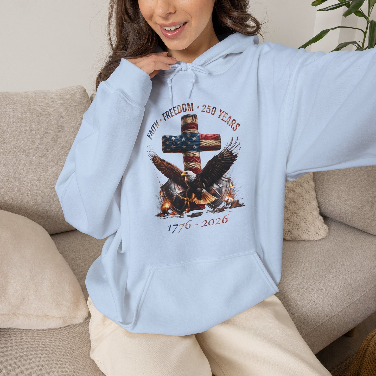 #250 Faith • Freedom 250 Years American Flag Cross & Eagle 1776-2026 Hoodie