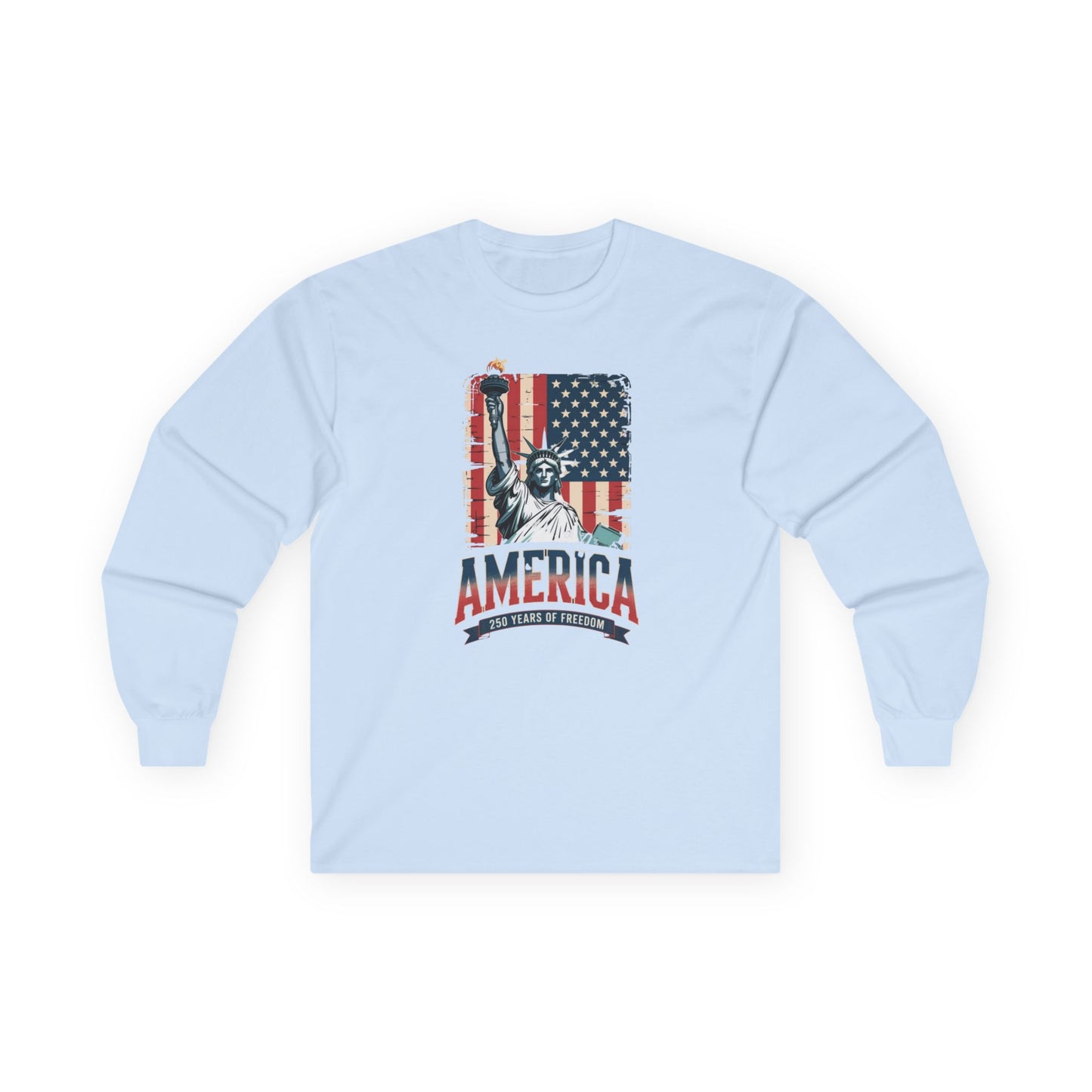 #250 Statue of Liberty American Flag 'America' Patriotic Independence Day Long Sleeve Tee