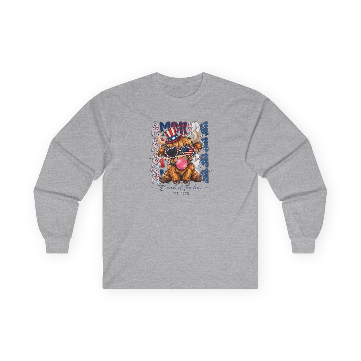 #250 American Flag Bubblegum Patriotic Highland Cow Long Sleeve Tee