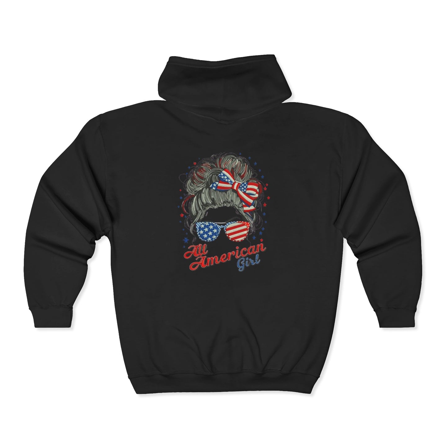 #250 "All American Girl" Patriotic Messy Bun Zip Hoodie
