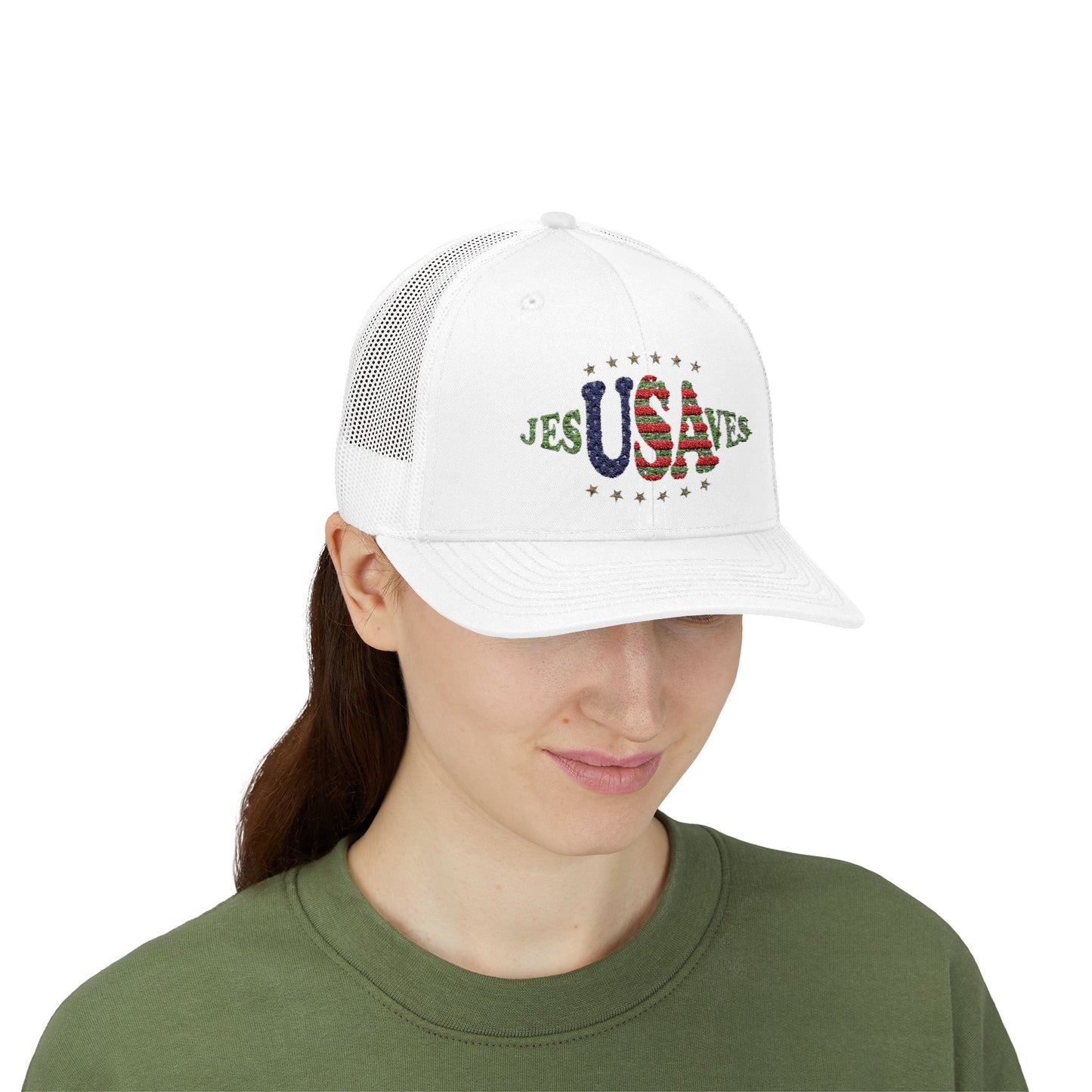 JesUSAves Patriotic Snapback Trucker Cap American Flag Christian Faith