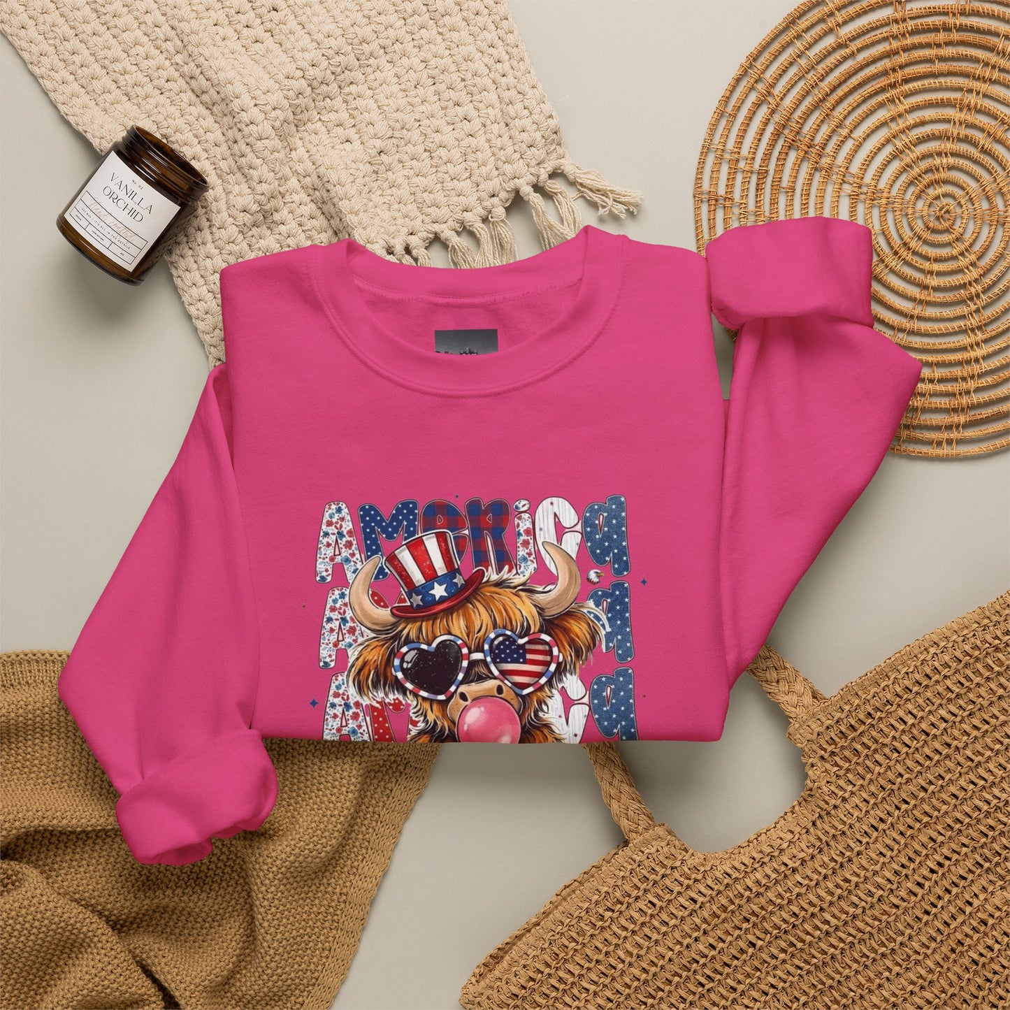 #250 American Flag Bubblegum Patriotic Highland Cow Sweatshirt